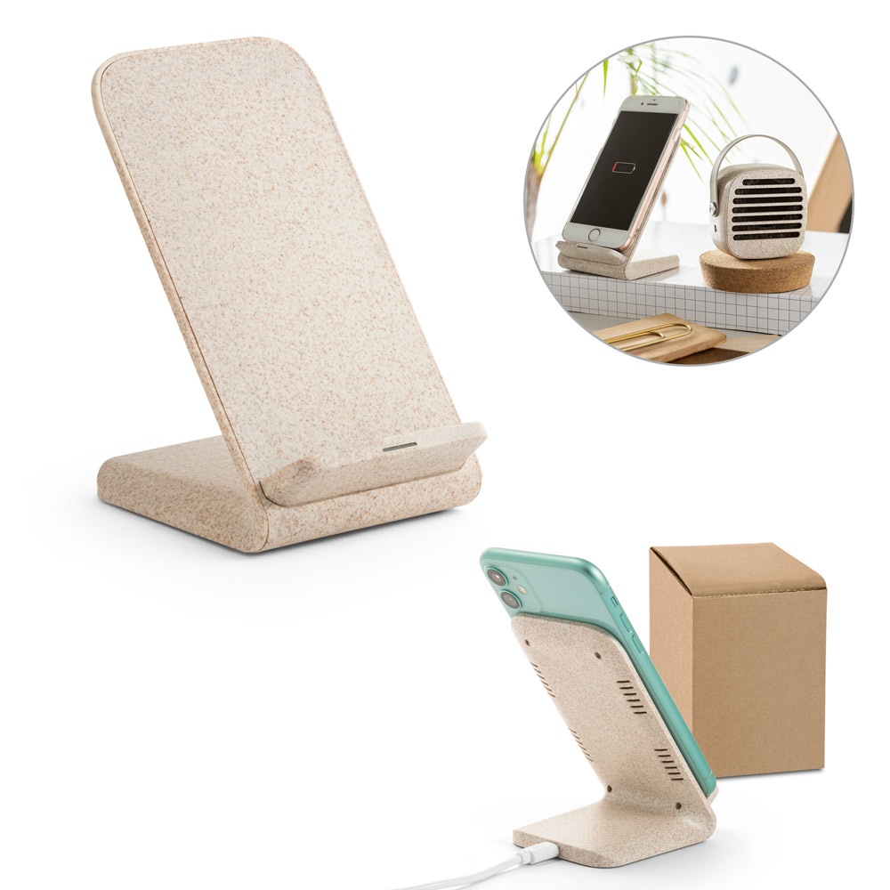 ENGLERT. Soporte para smartphone con cargador inalámbrico, superrápido, de 15 W en ABS reciclado (100% rABS) y bambú
