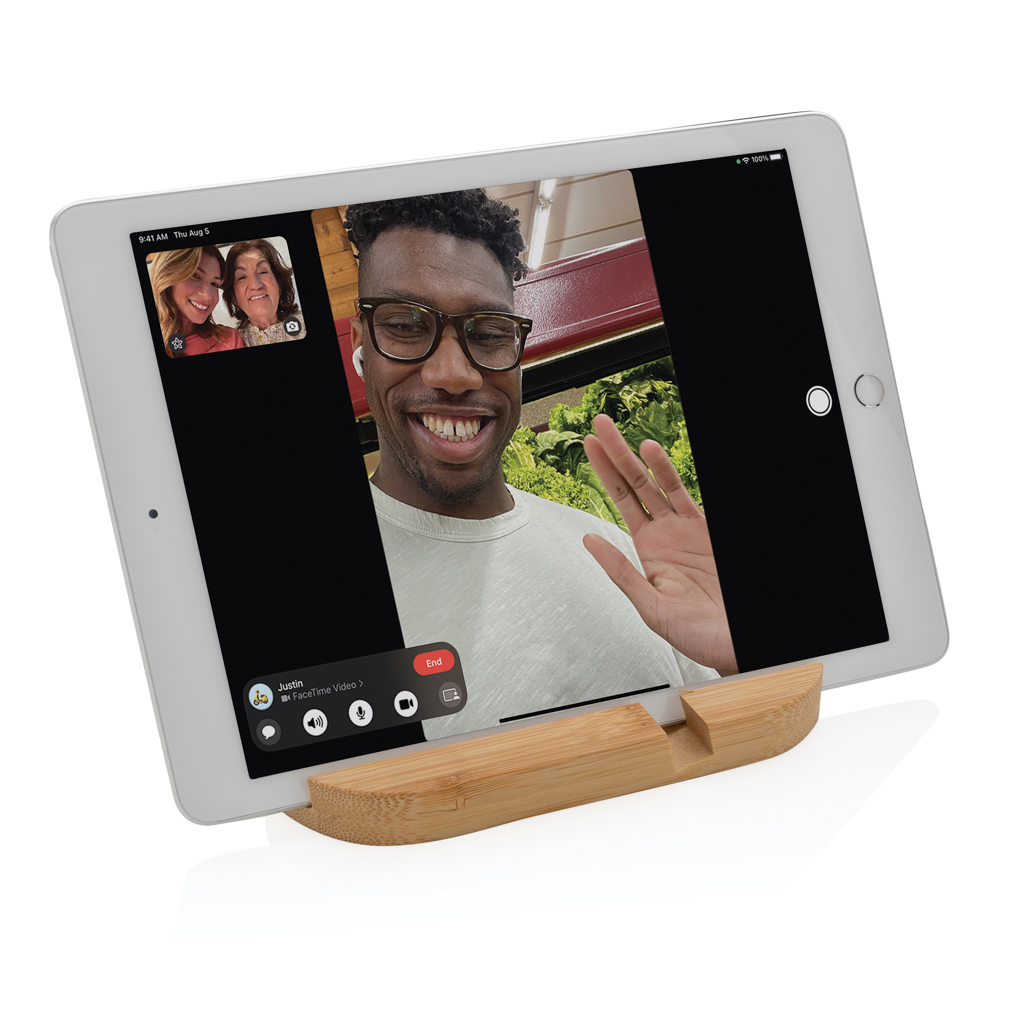Soporte de bambú para tablet y teléfono