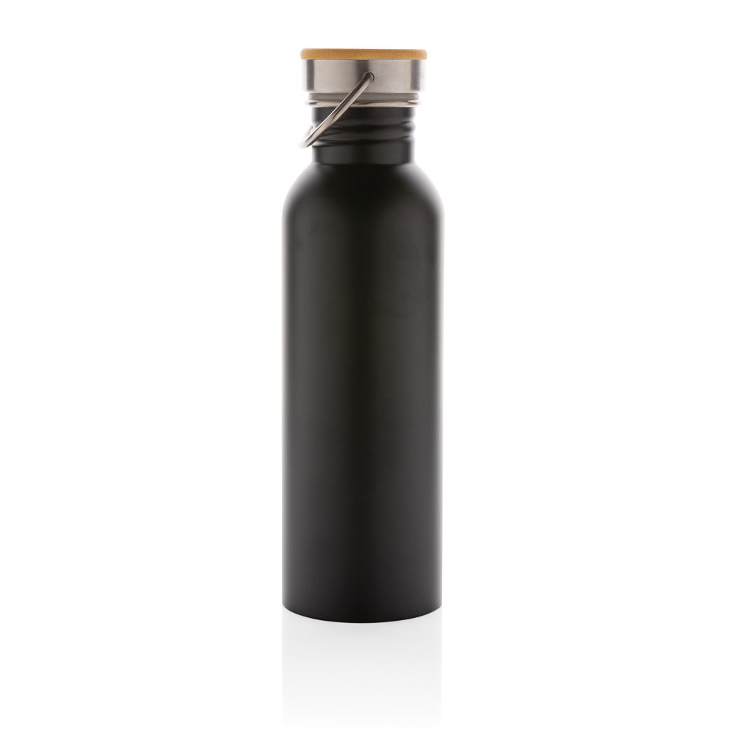 Botella moderna de acero inoxidable con tapa de bambú.