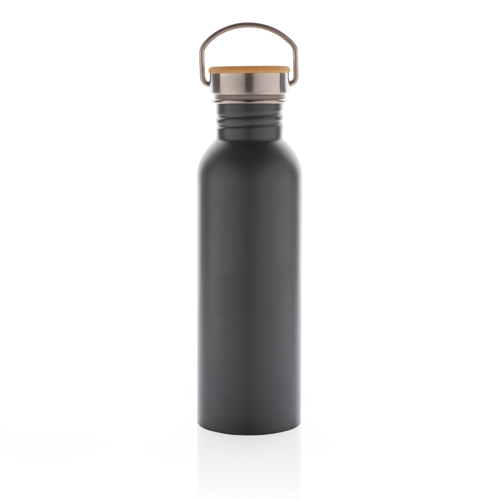 Botella moderna de acero inoxidable con tapa de bambú.