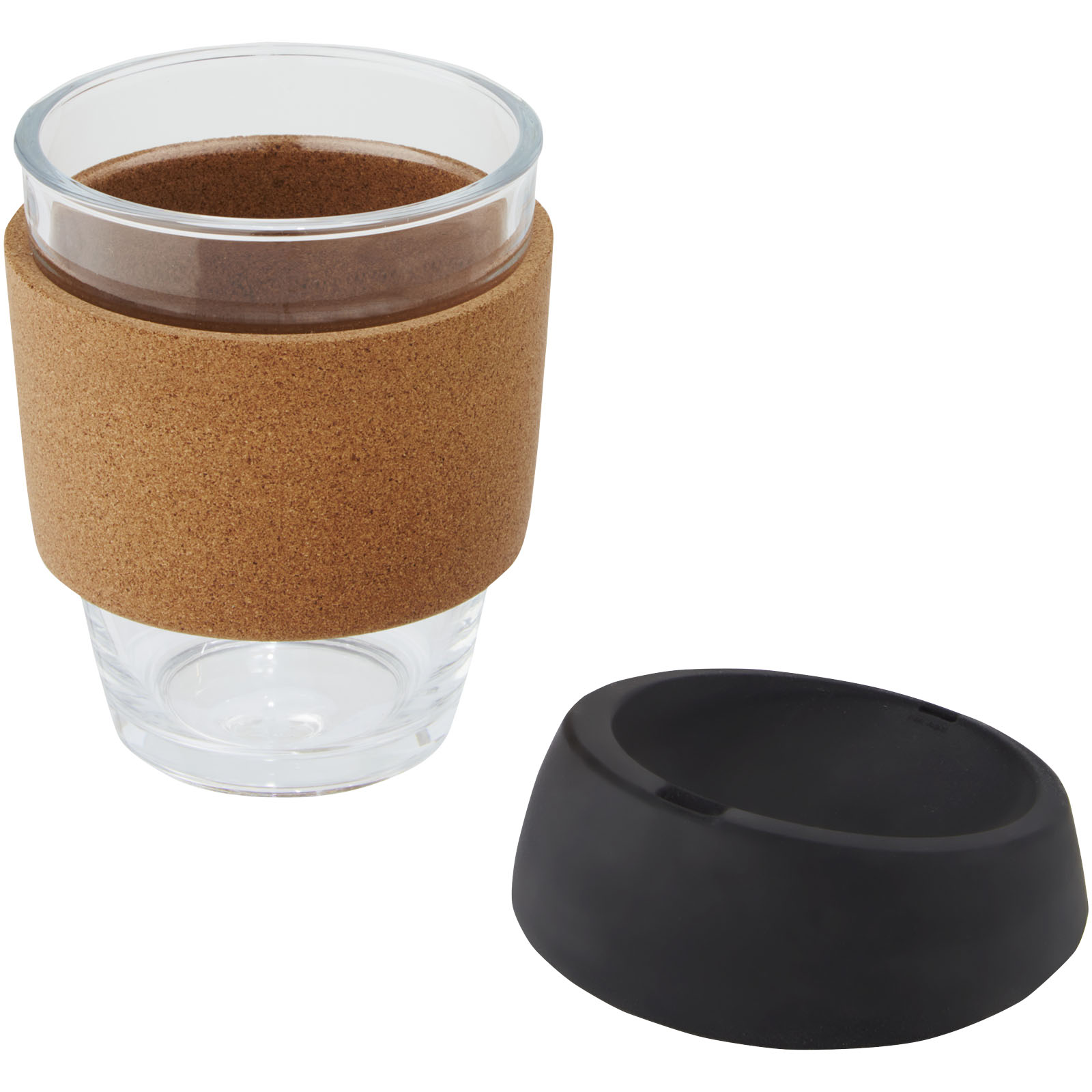 Vaso de vidrio borosilicato de 360 ml con agarre de corcho y tapa de silicona Lidan