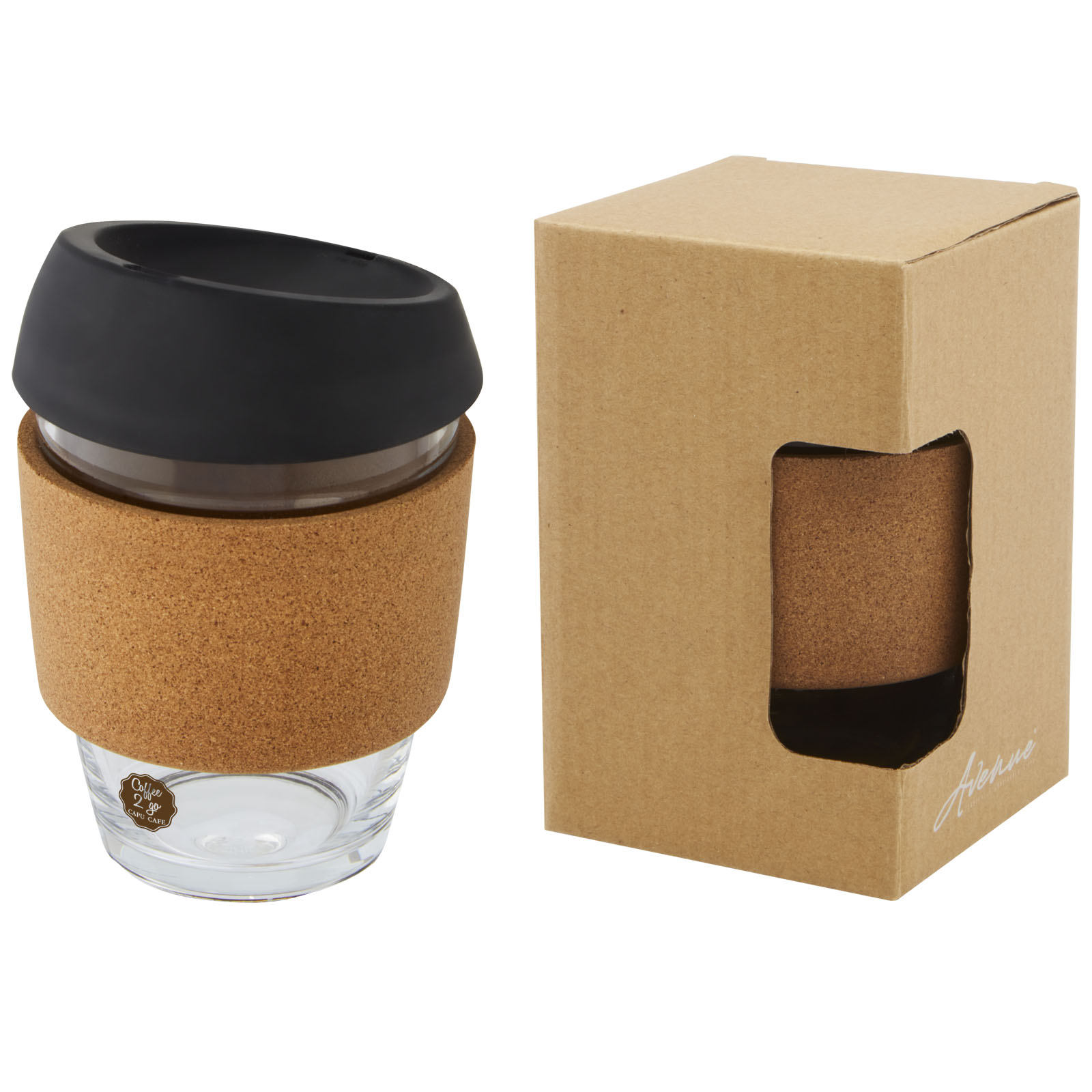Vaso de vidrio borosilicato de 360 ml con agarre de corcho y tapa de silicona Lidan
