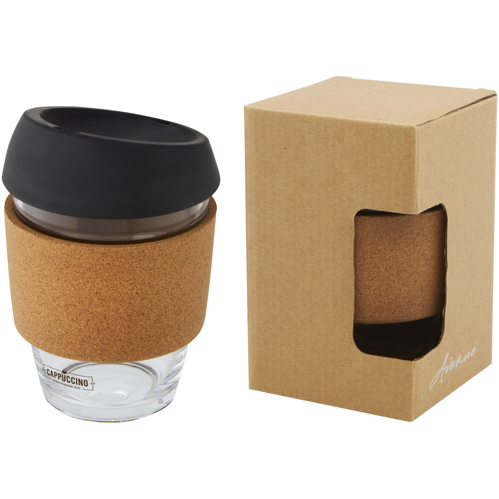 Vaso de vidrio borosilicato de 360 ml con agarre de corcho y tapa de silicona Lidan