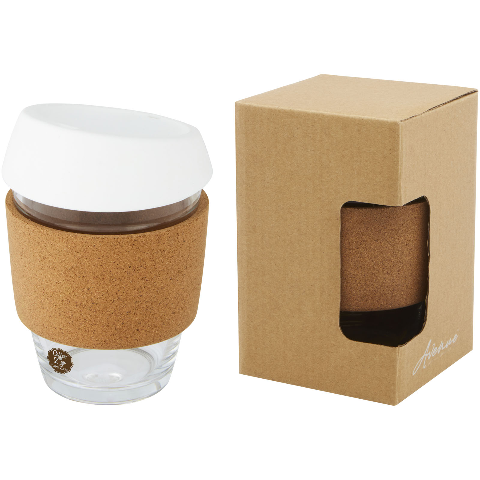 Vaso de vidrio borosilicato de 360 ml con agarre de corcho y tapa de silicona Lidan