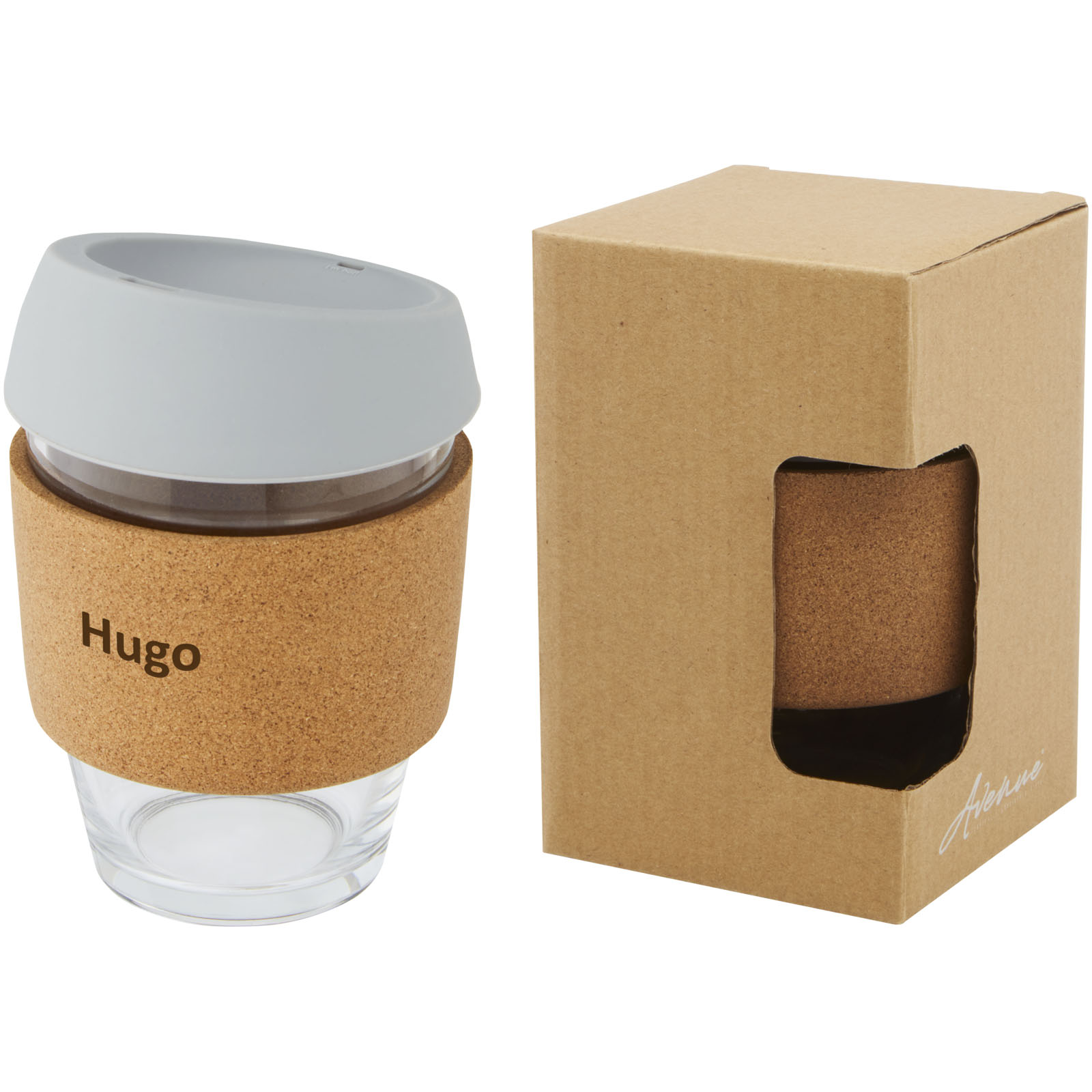 Vaso de vidrio borosilicato de 360 ml con agarre de corcho y tapa de silicona Lidan