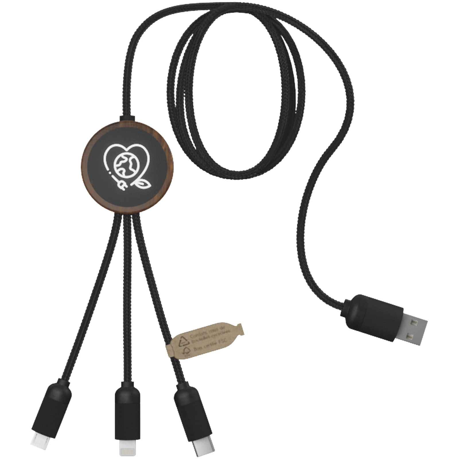Cable de carga 3 en 1 extendido de PET reciclado con logotipo retroiluminado y estuche redondo de bambú SCX.design C36