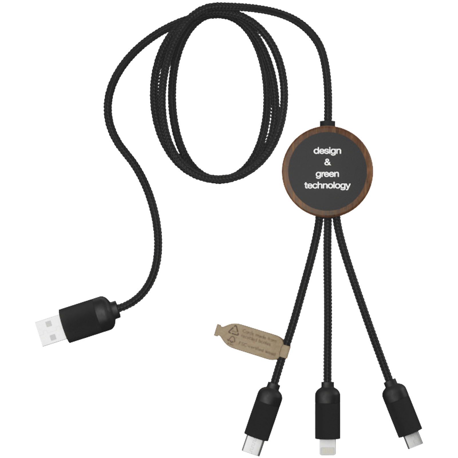 Cable de carga 3 en 1 extendido de PET reciclado con logotipo retroiluminado y estuche redondo de bambú SCX.design C36