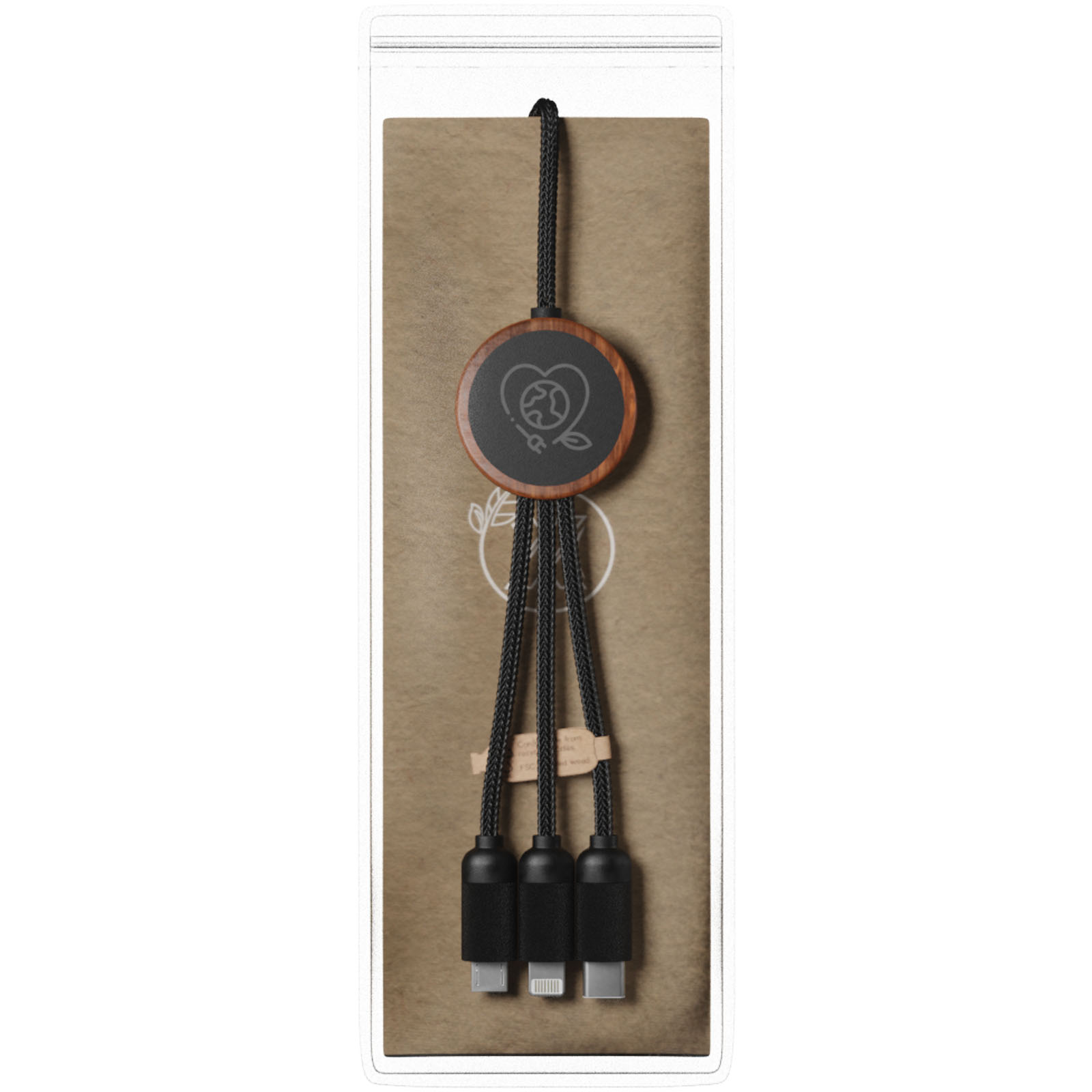 Cable de carga 3 en 1 extendido de PET reciclado con logotipo retroiluminado y estuche redondo de bambú SCX.design C36