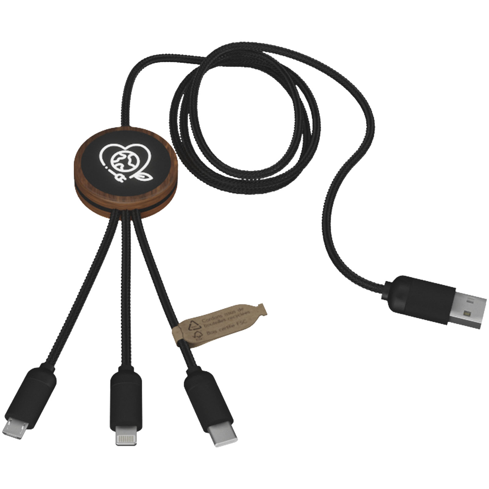 Cable de carga 3 en 1 extendido de PET reciclado con logotipo retroiluminado y estuche redondo de bambú SCX.design C36