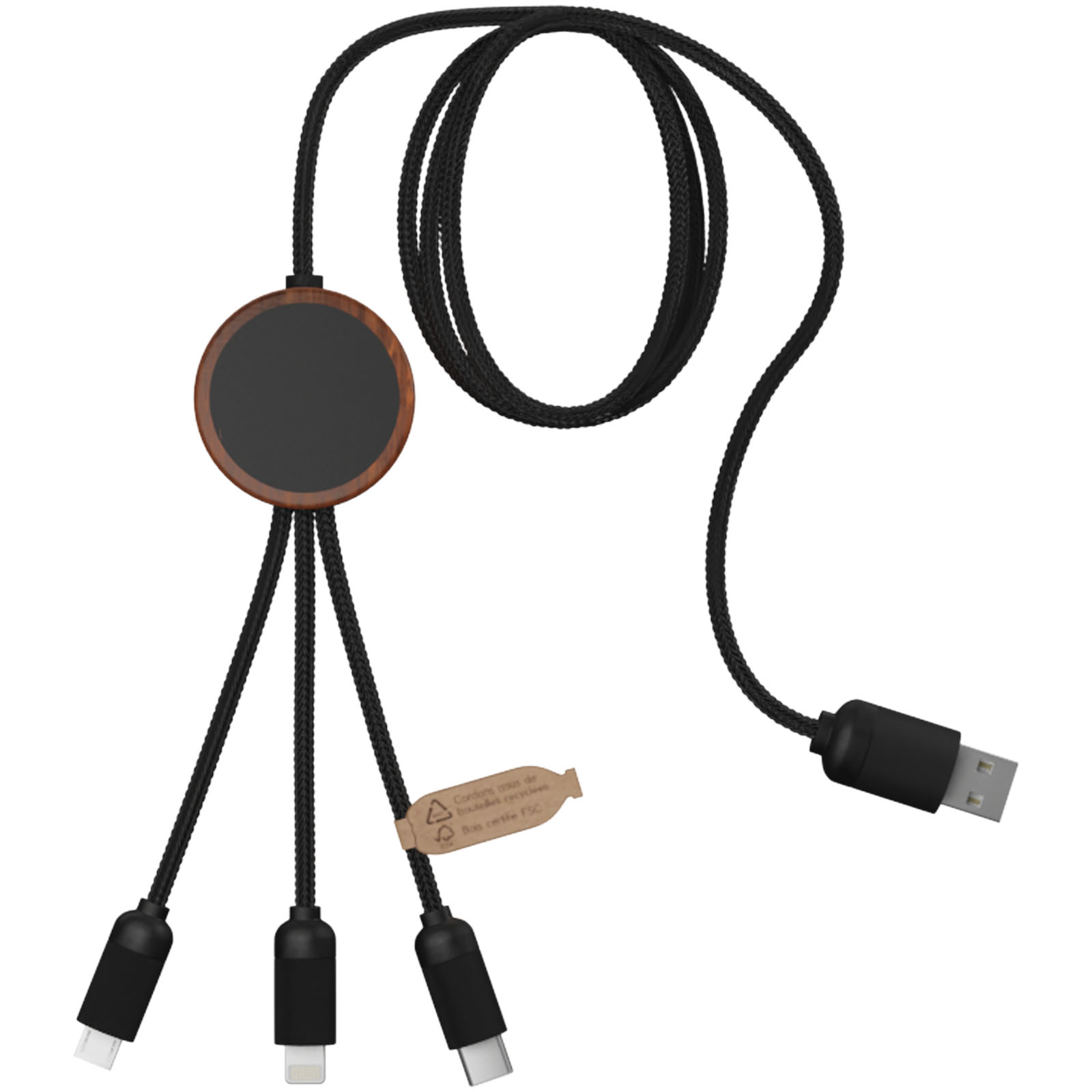 Cable de carga 3 en 1 extendido de PET reciclado con logotipo retroiluminado y estuche redondo de bambú SCX.design C36