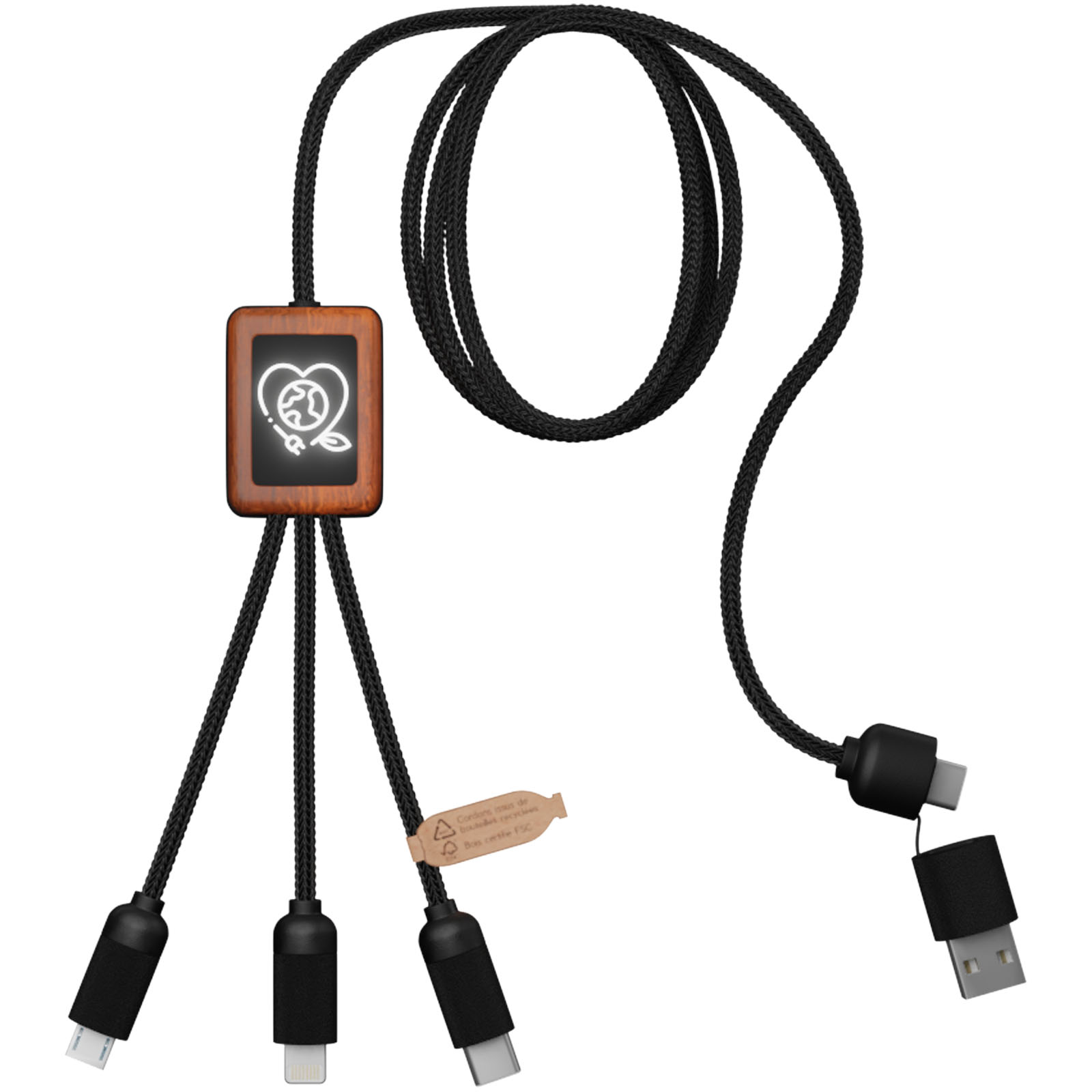 Cable de carga de 40 W 5 en 1 de PET reciclado con logo retroiluminado y estuche cuadrado de madera SCX.design C38