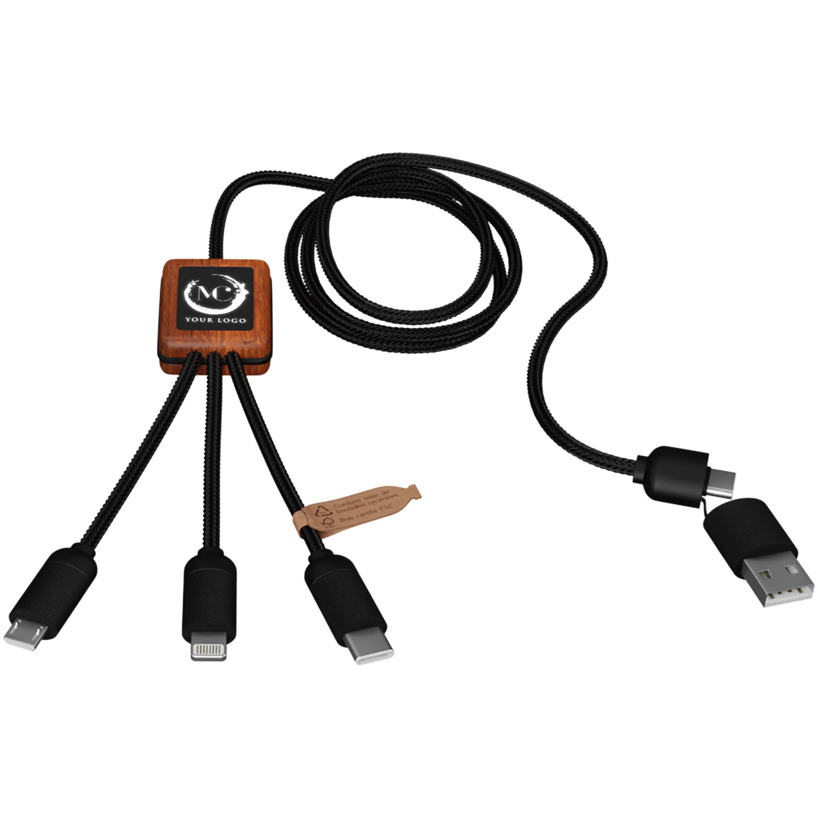 Cable de carga de 40 W 5 en 1 de PET reciclado con logo retroiluminado y estuche cuadrado de madera SCX.design C38