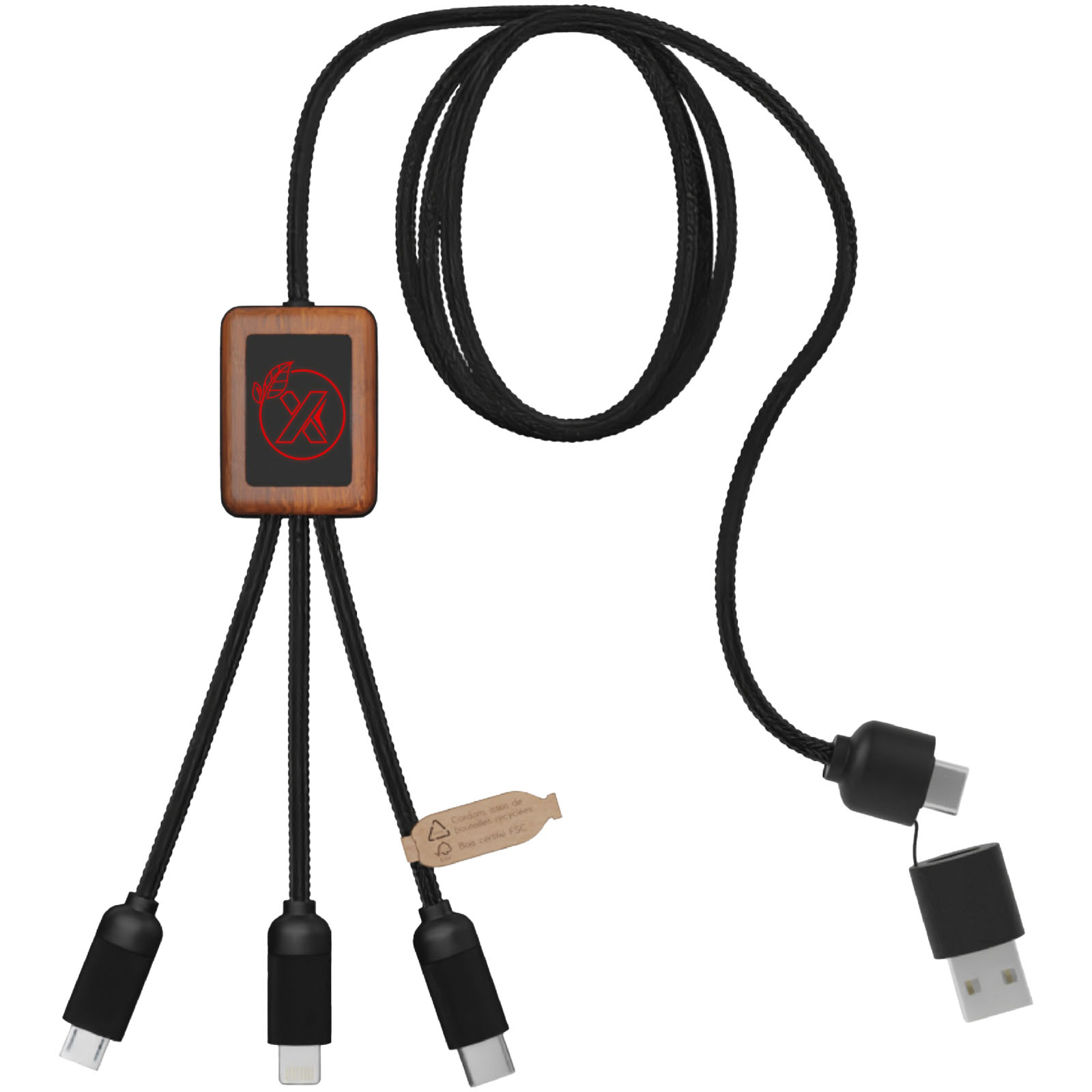 Cable de carga de 40 W 5 en 1 de PET reciclado con logo retroiluminado y estuche cuadrado de madera SCX.design C38
