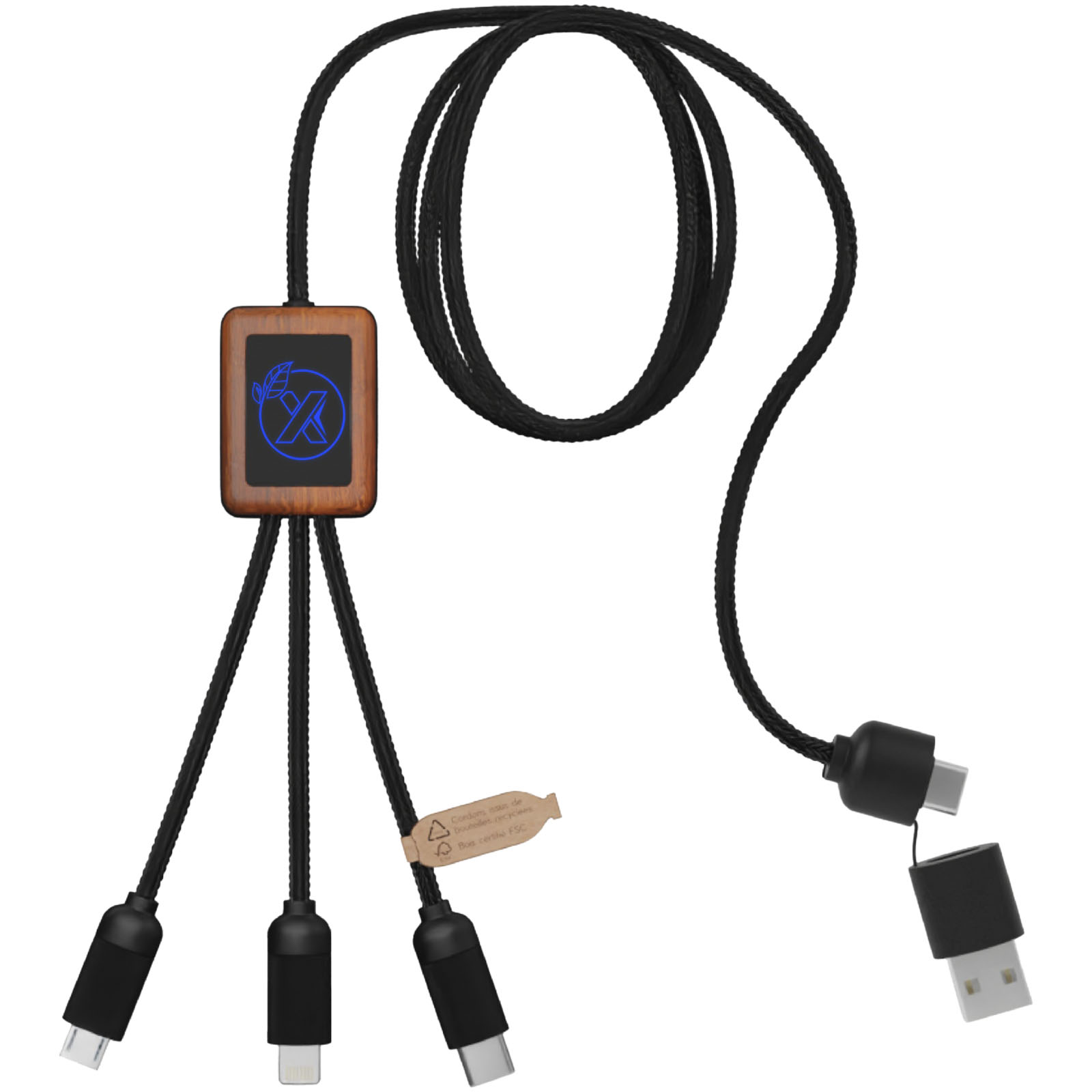Cable de carga de 40 W 5 en 1 de PET reciclado con logo retroiluminado y estuche cuadrado de madera SCX.design C38