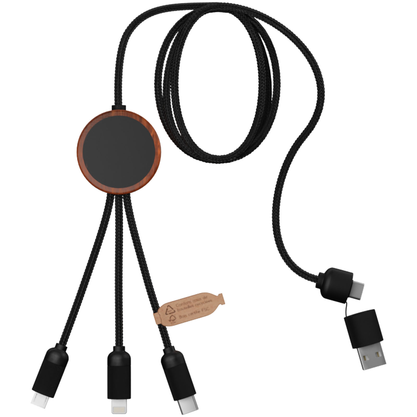 Cable de carga de 40 W 5 en 1 de PET reciclado con logo retroiluminado y estuche redondo de madera SCX.design C37