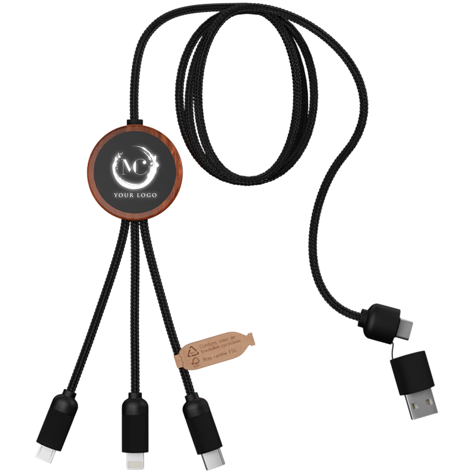 Cable de carga de 40 W 5 en 1 de PET reciclado con logo retroiluminado y estuche redondo de madera SCX.design C37
