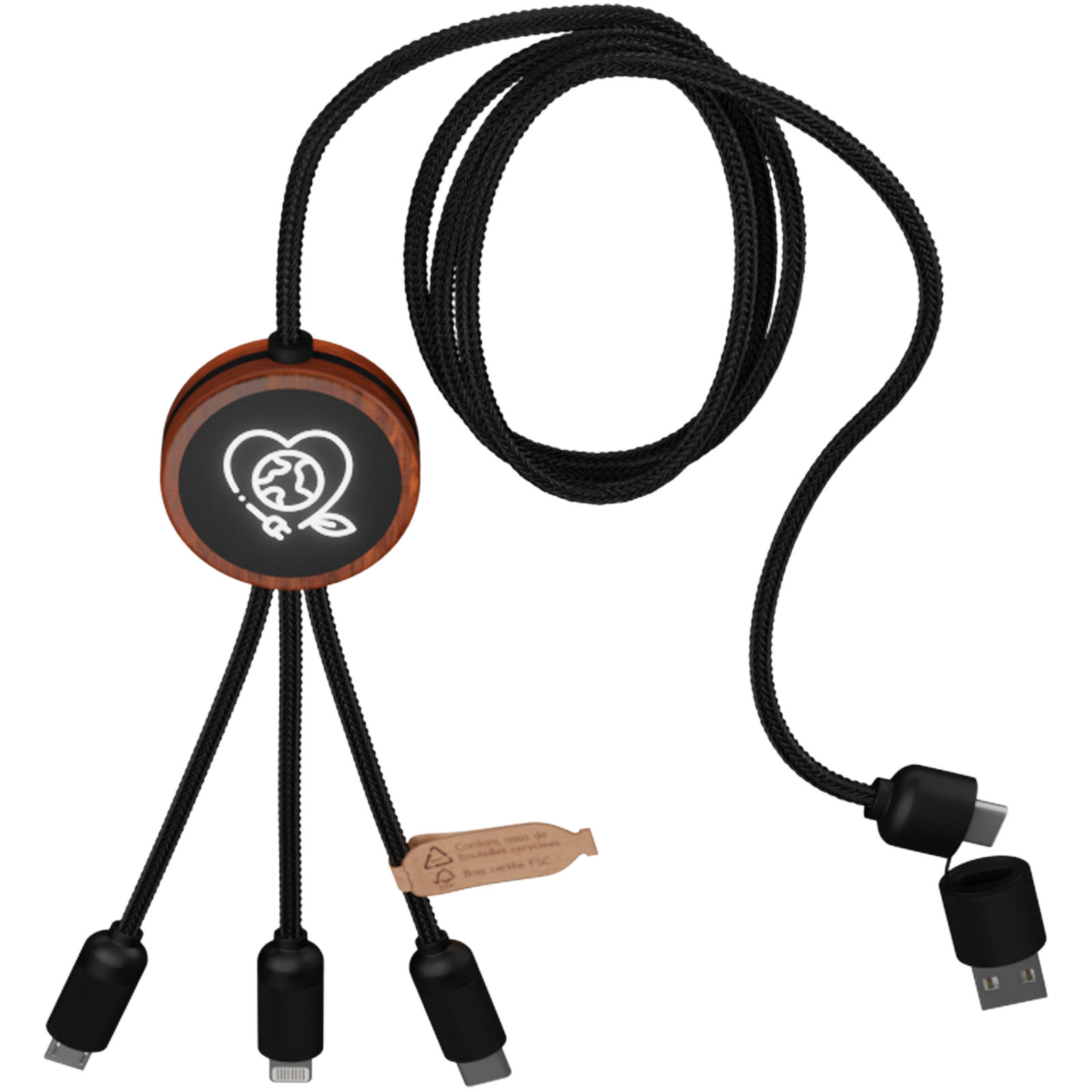 Cable de carga de 40 W 5 en 1 de PET reciclado con logo retroiluminado y estuche redondo de madera SCX.design C37