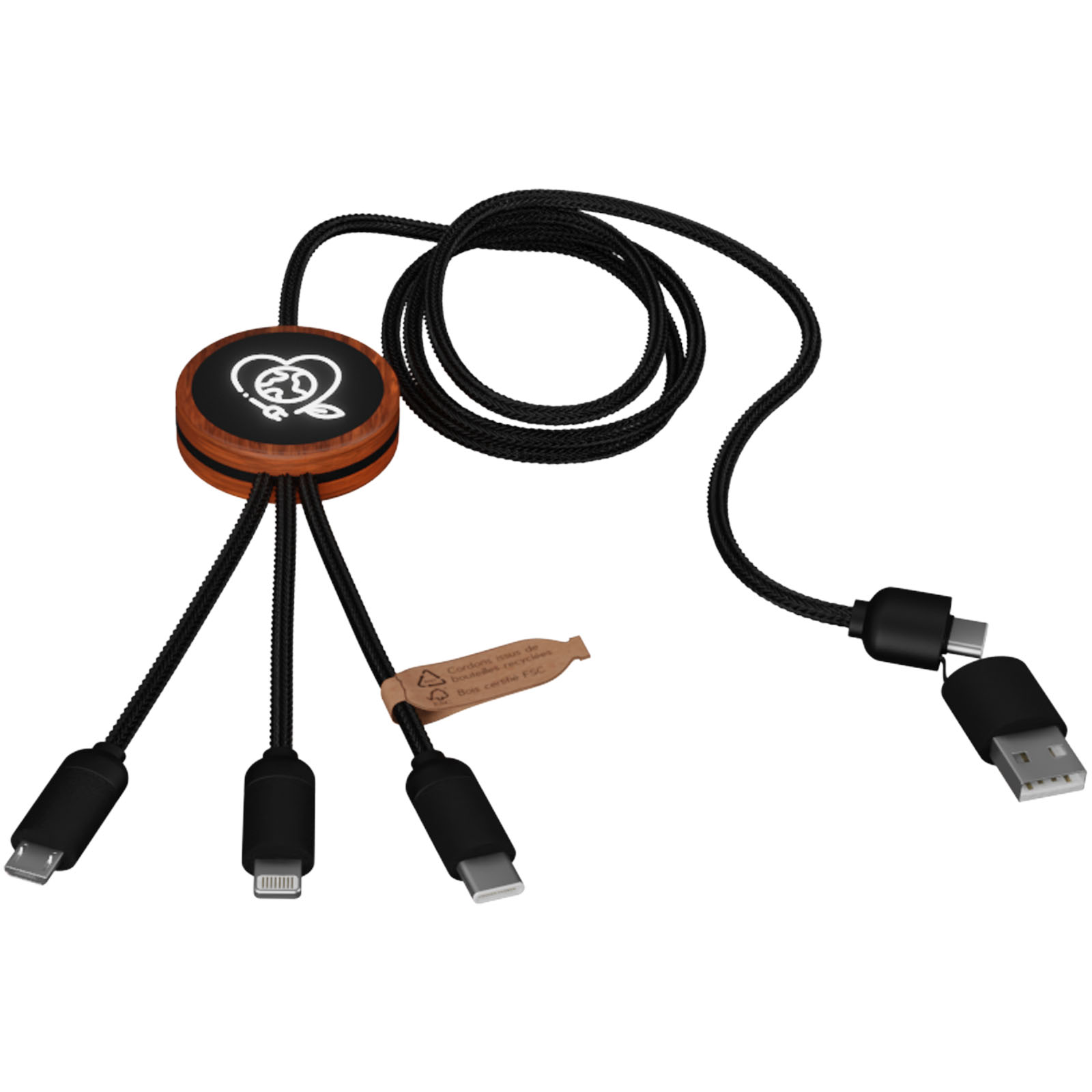 Cable de carga de 40 W 5 en 1 de PET reciclado con logo retroiluminado y estuche redondo de madera SCX.design C37