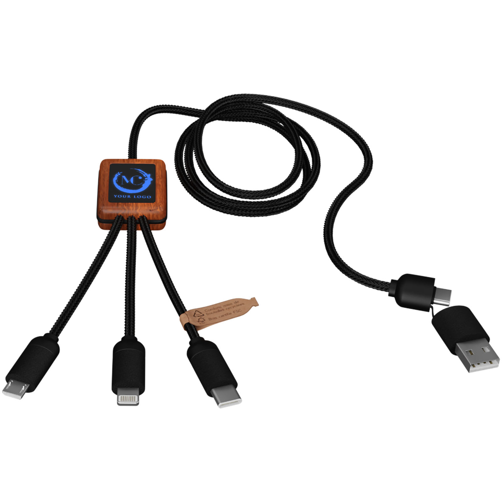 Cable de carga de 40 W 5 en 1 de PET reciclado con logo retroiluminado y estuche cuadrado de madera SCX.design C38