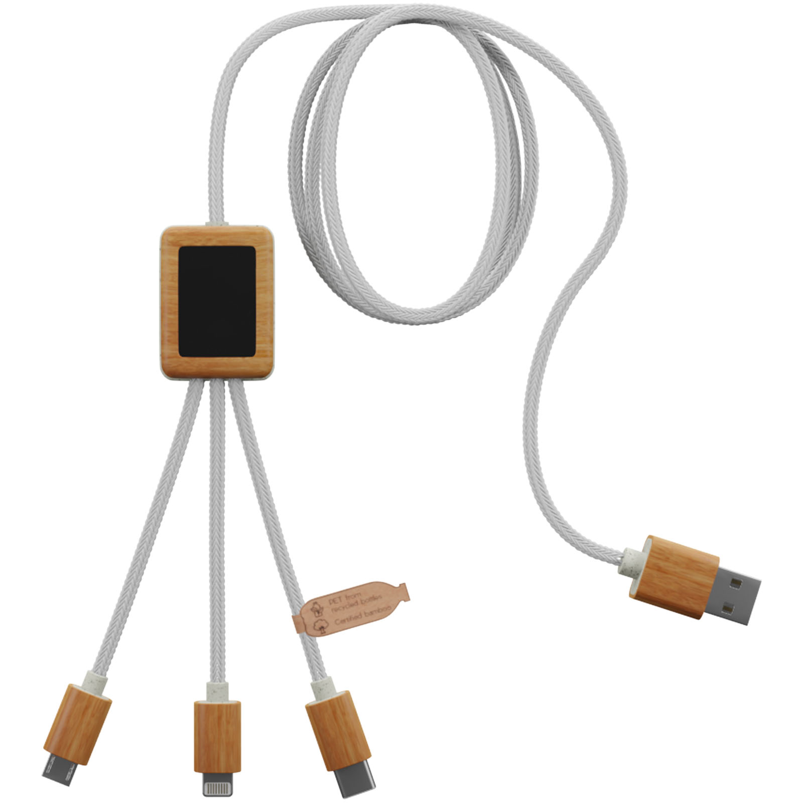 Cable de carga 3 en 1 de PET reciclado con logotipo retroiluminado y estuche cuadrado de bambú SCX.design C39
