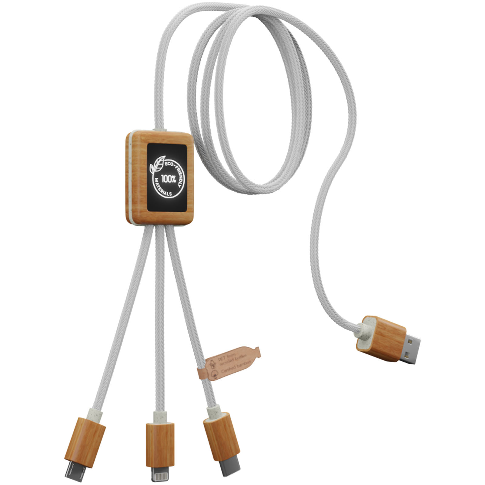 Cable de carga 3 en 1 de PET reciclado con logotipo retroiluminado y estuche cuadrado de bambú SCX.design C39