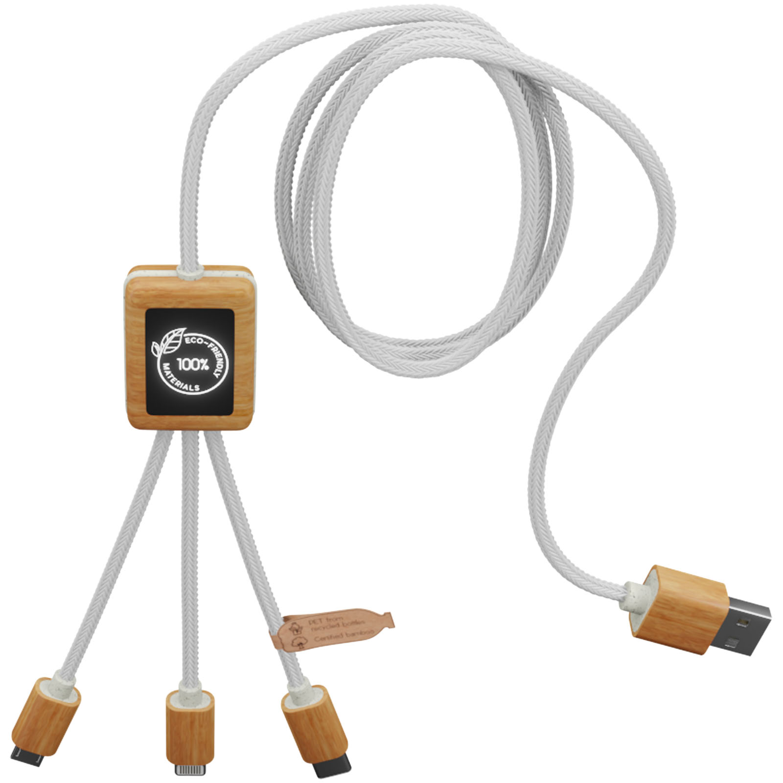 Cable de carga 3 en 1 de PET reciclado con logotipo retroiluminado y estuche cuadrado de bambú SCX.design C39
