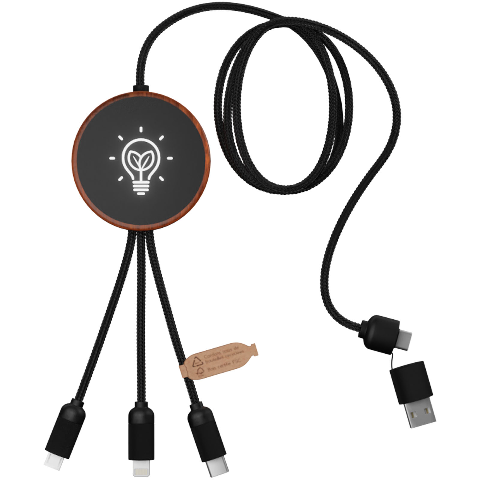 Cable de carga 5 en 1 de PET reciclado con logo retroiluminado y base de carga de 10 W SCX.design C40