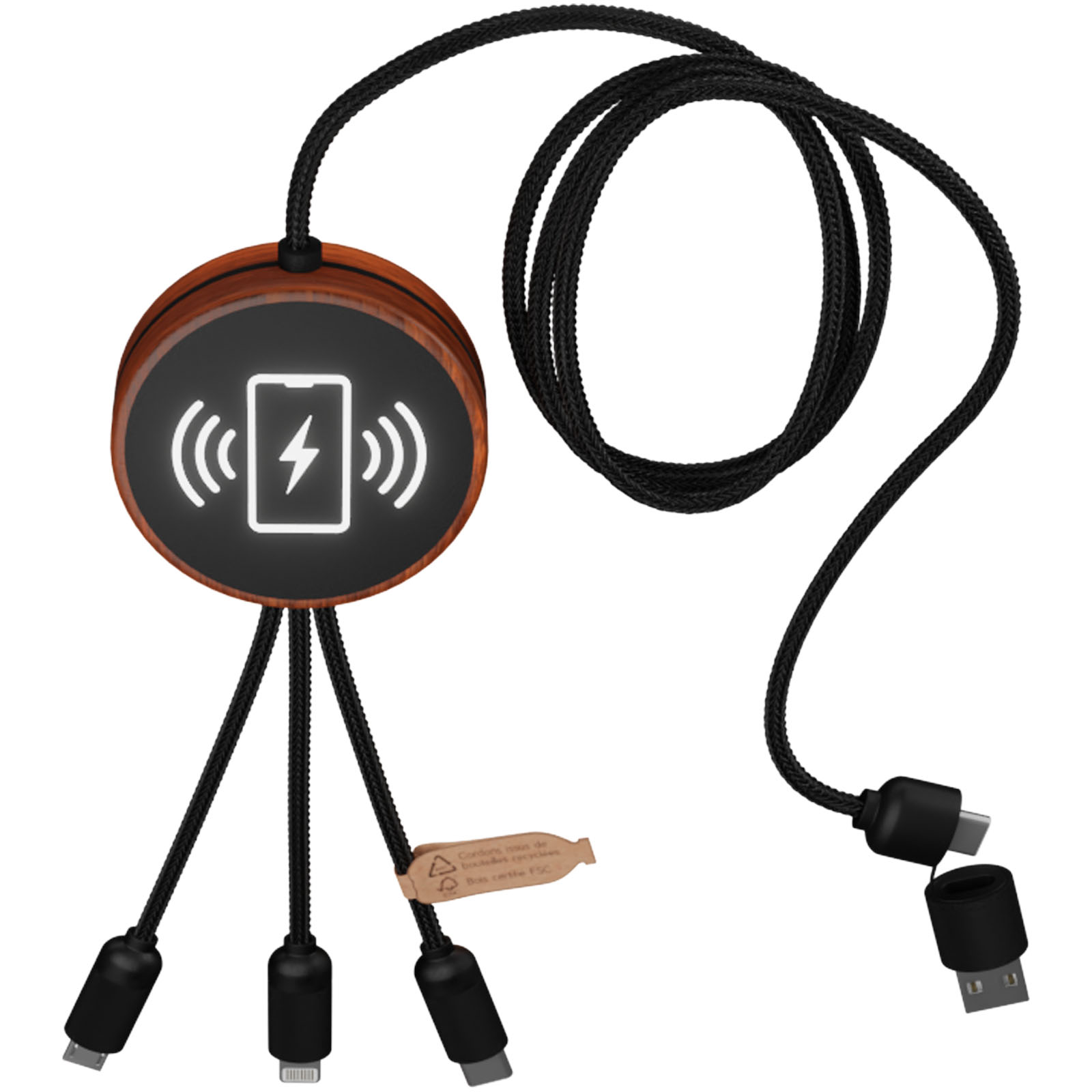 Cable de carga 5 en 1 de PET reciclado con logo retroiluminado y base de carga de 10 W SCX.design C40