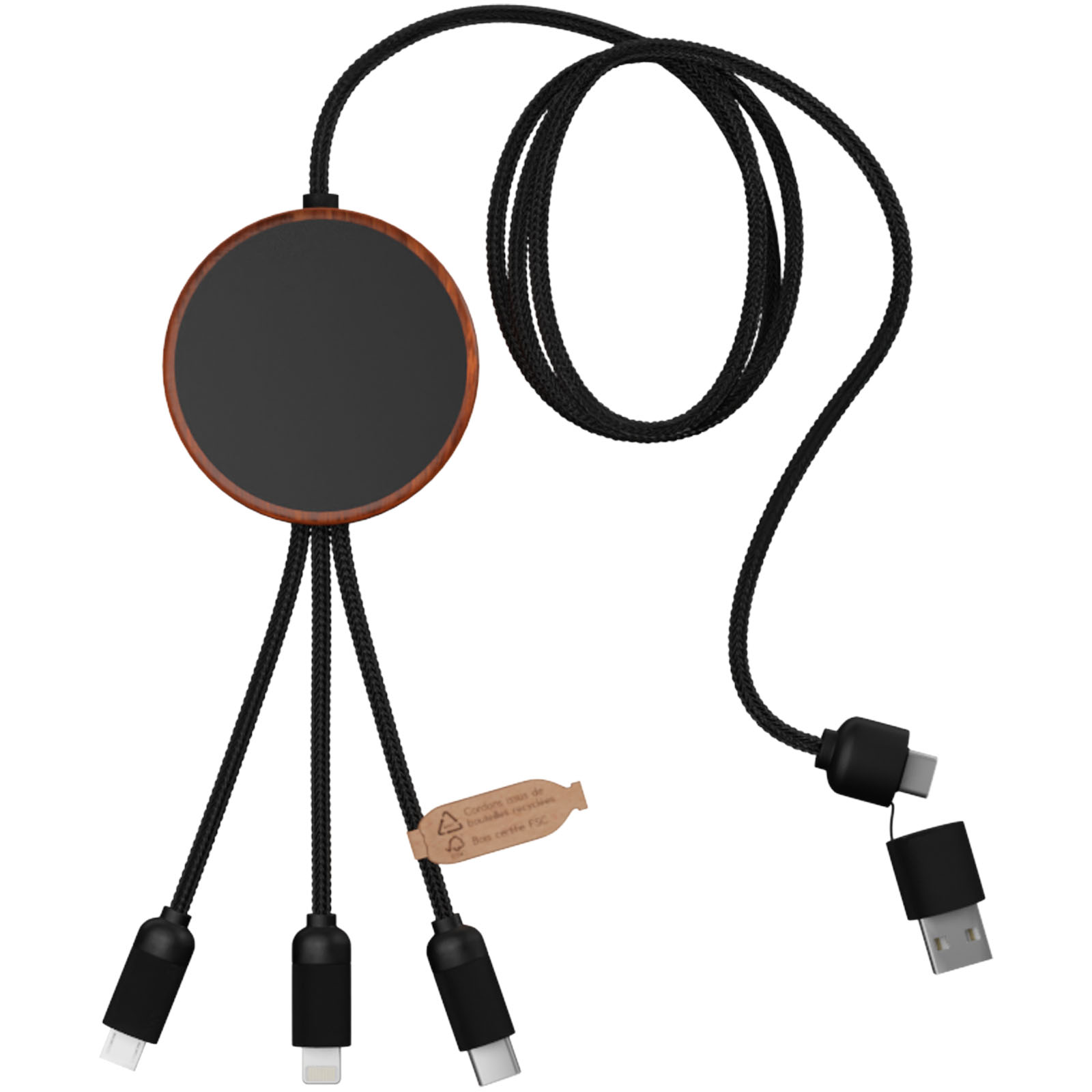 Cable de carga 5 en 1 de PET reciclado con logo retroiluminado y base de carga de 10 W SCX.design C40