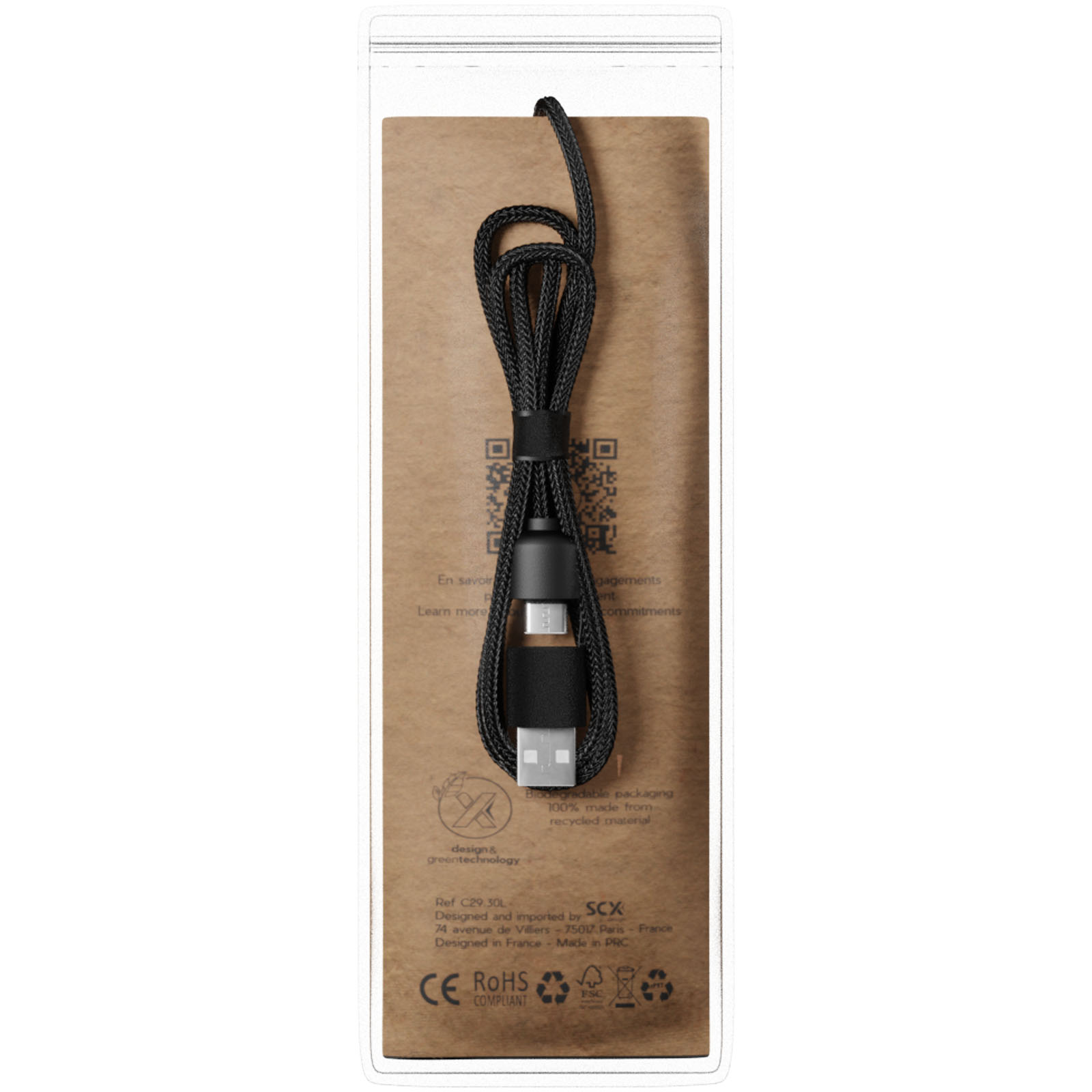Cable de carga de 40 W 5 en 1 de PET reciclado con logo retroiluminado y estuche cuadrado de madera SCX.design C38