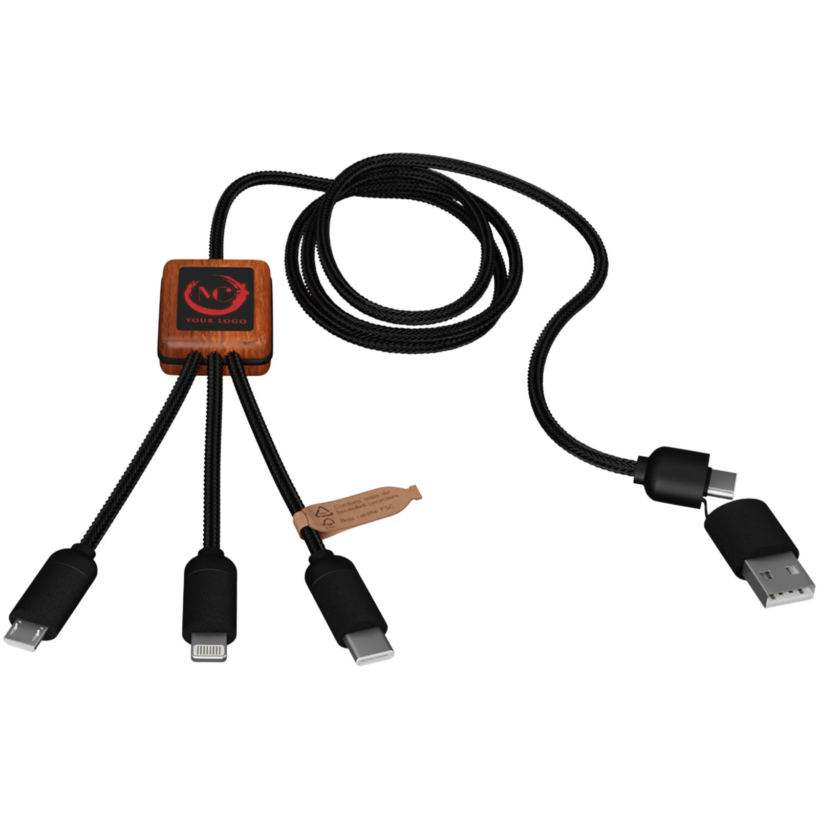 Cable de carga de 40 W 5 en 1 de PET reciclado con logo retroiluminado y estuche cuadrado de madera SCX.design C38