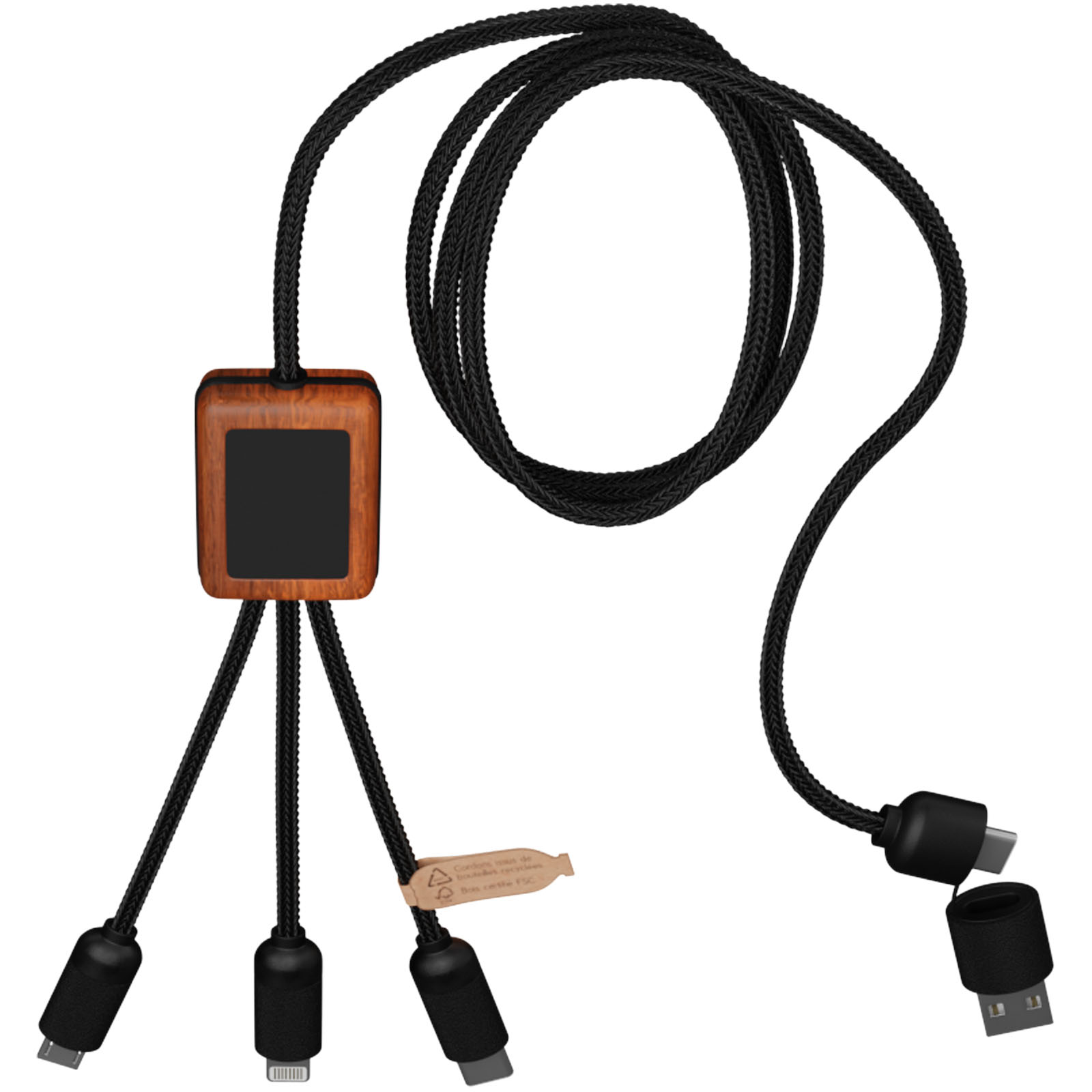 Cable de carga de 40 W 5 en 1 de PET reciclado con logo retroiluminado y estuche cuadrado de madera SCX.design C38