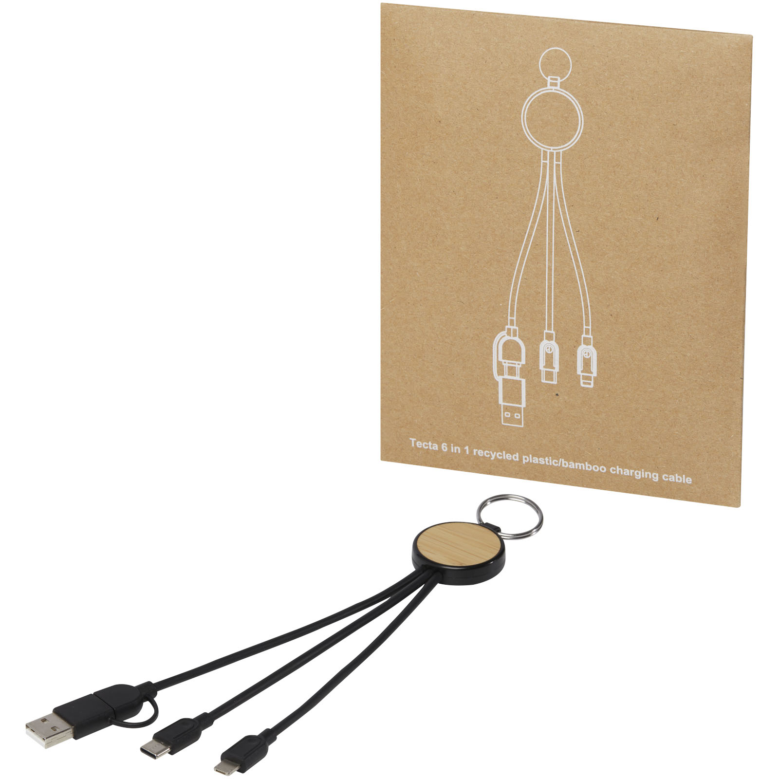 Cable de carga 6 en 1 de plástico reciclado/bambú con llavero Tecta