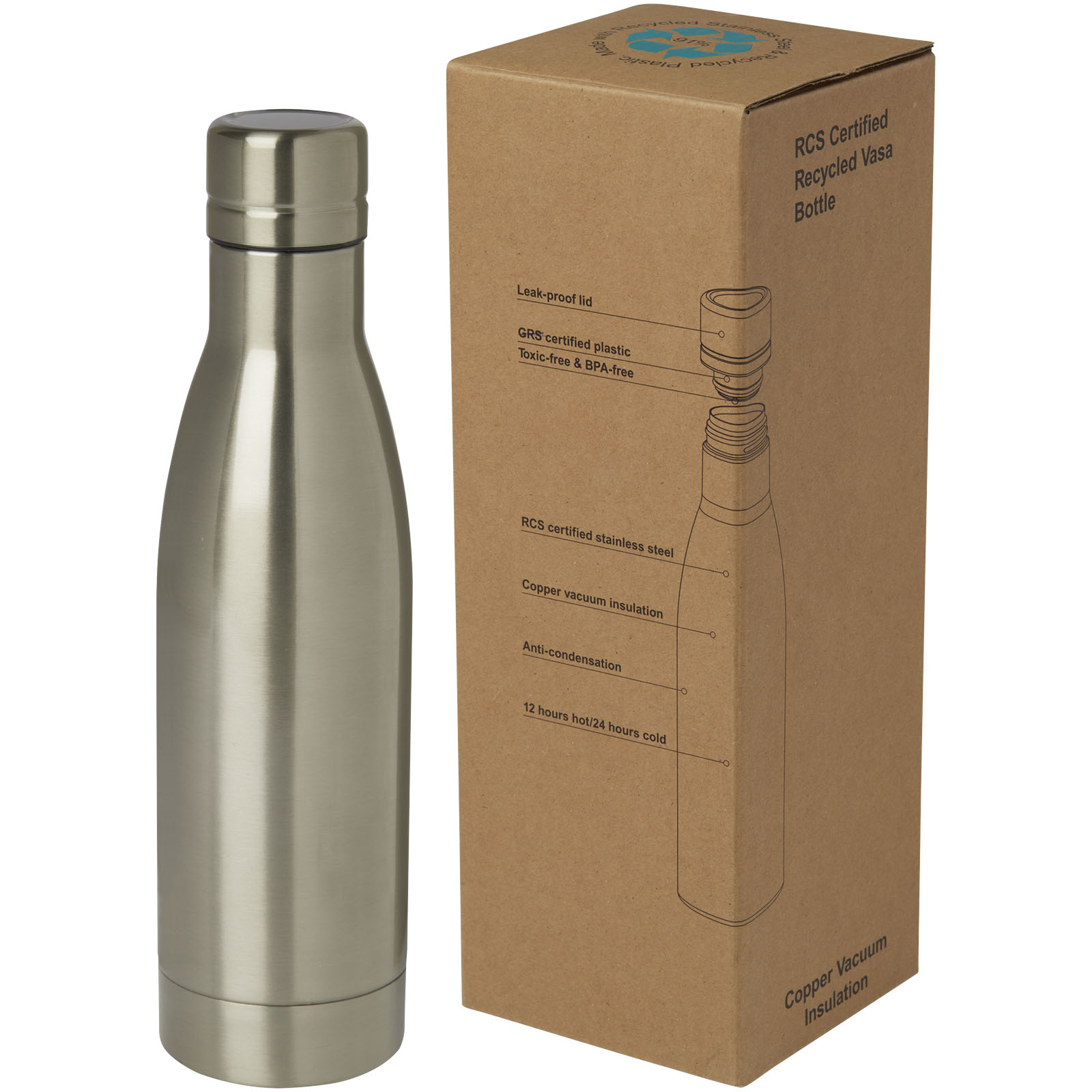 Bidón con aislamiento al vacío de 500 ml de cobre de acero inoxidable reciclado con certificación RCS Vasa