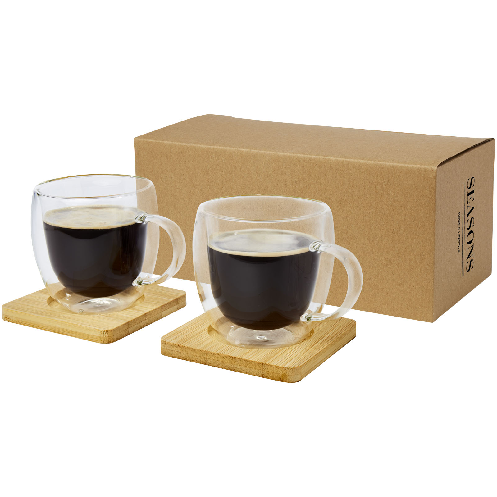 Dos tazas de vidrio de doble pared de 250 ml con posavasos de bambú Manti