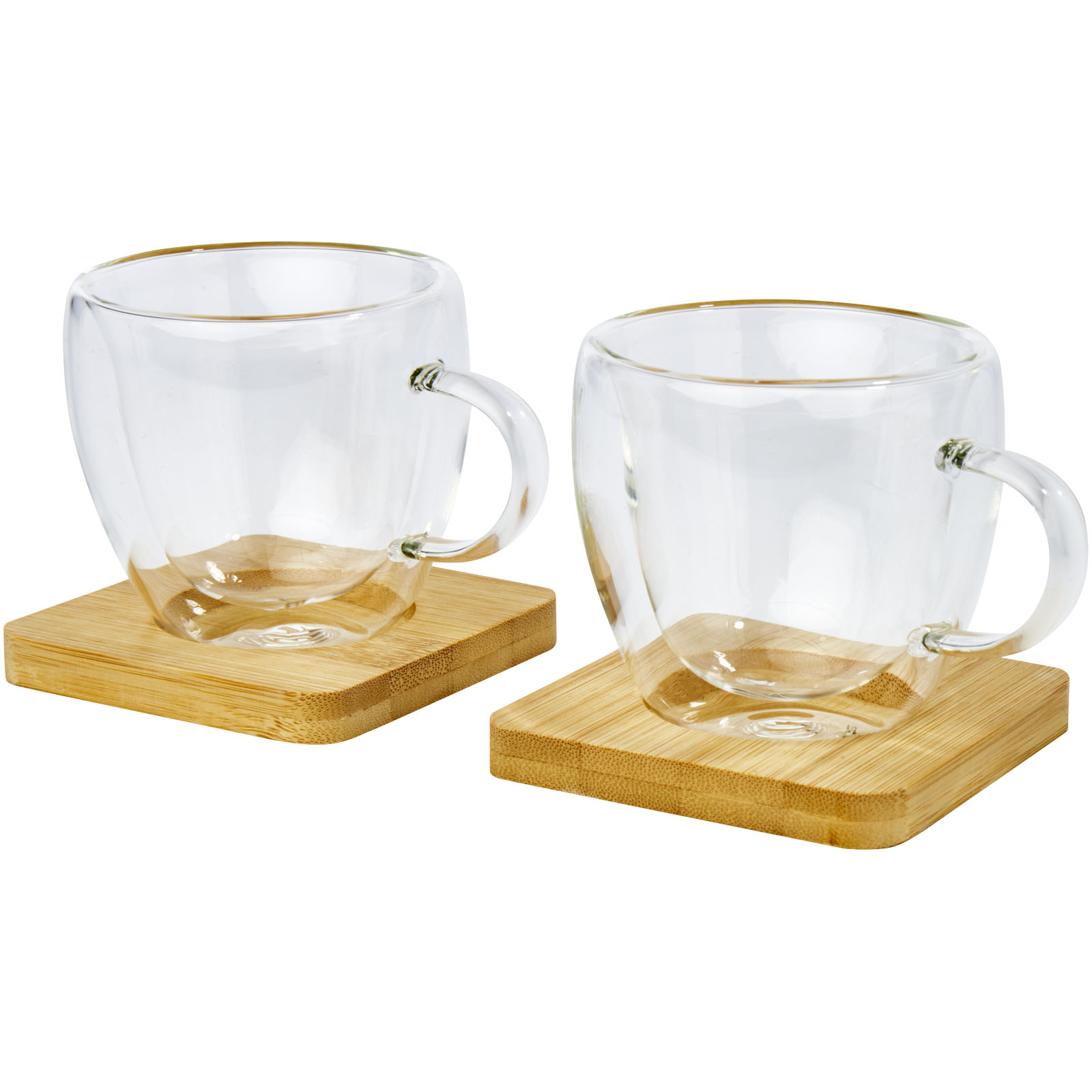 Dos tazas de vidrio de doble pared de 100 ml con posavasos de bambú Manti