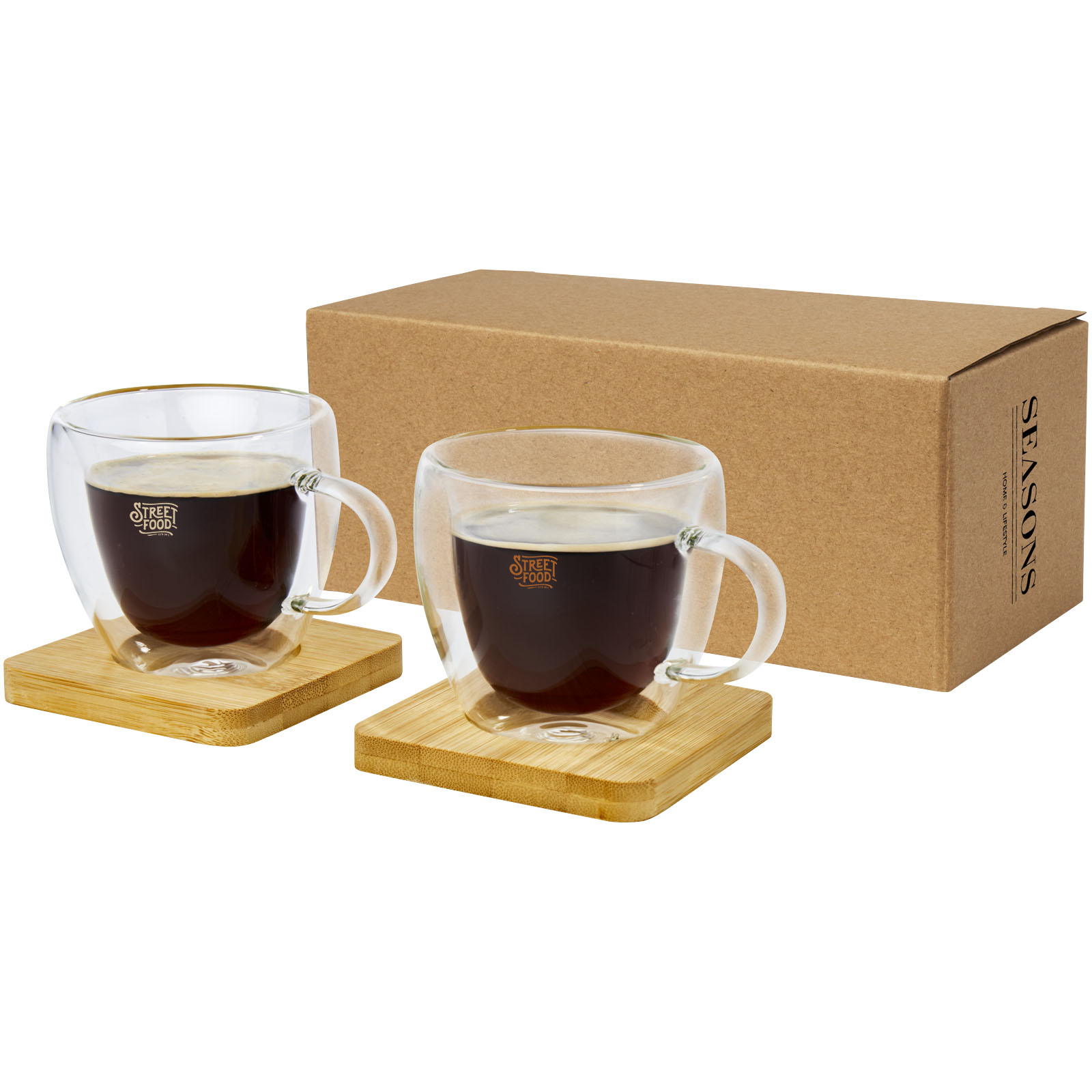 Dos tazas de vidrio de doble pared de 100 ml con posavasos de bambú Manti