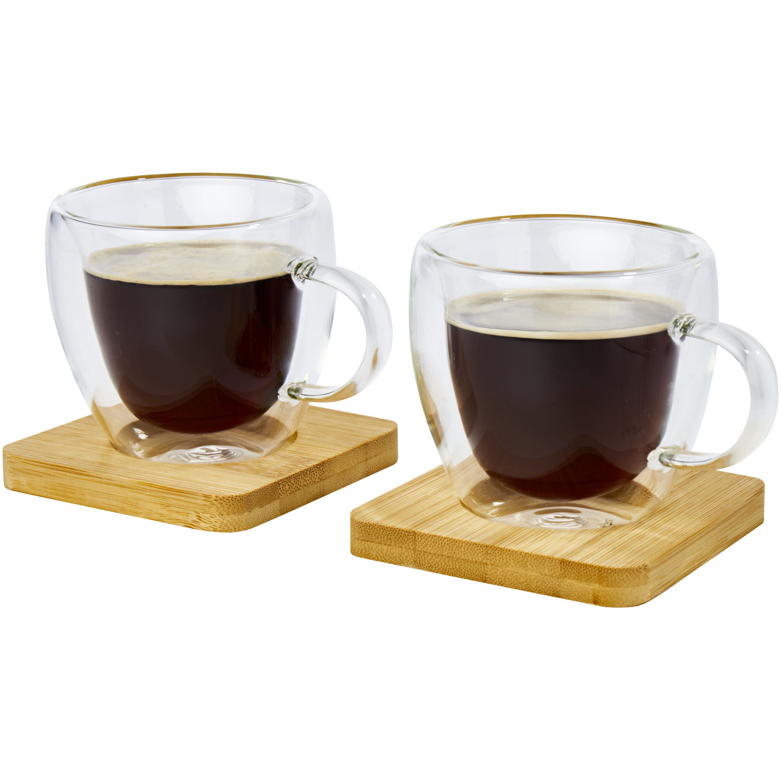 Dos tazas de vidrio de doble pared de 100 ml con posavasos de bambú Manti