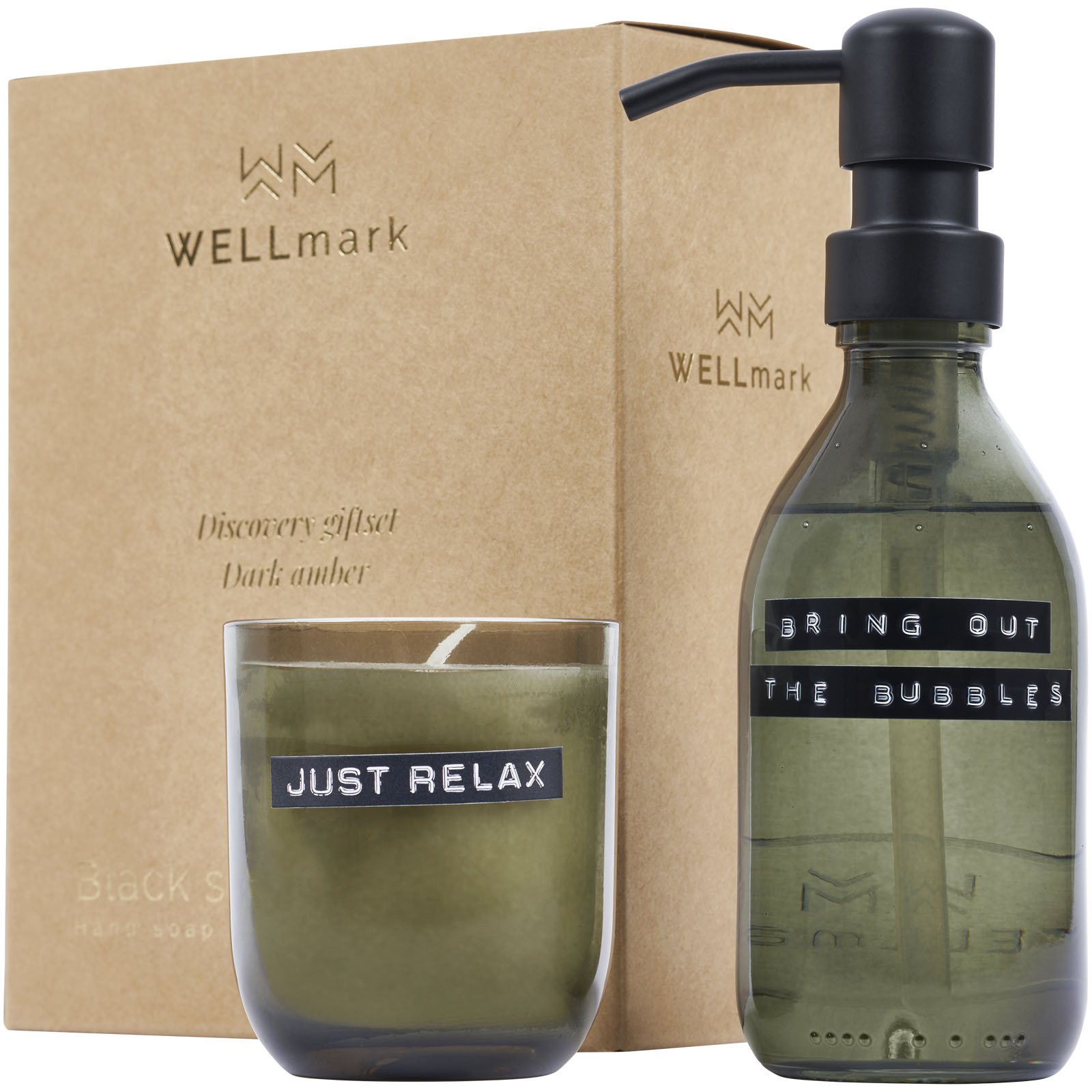 Dispensador de jabón de manos de 200 ml y juego de velas aromáticas de 150 g con fragancia de ámbar oscuro Wellmark Discovery