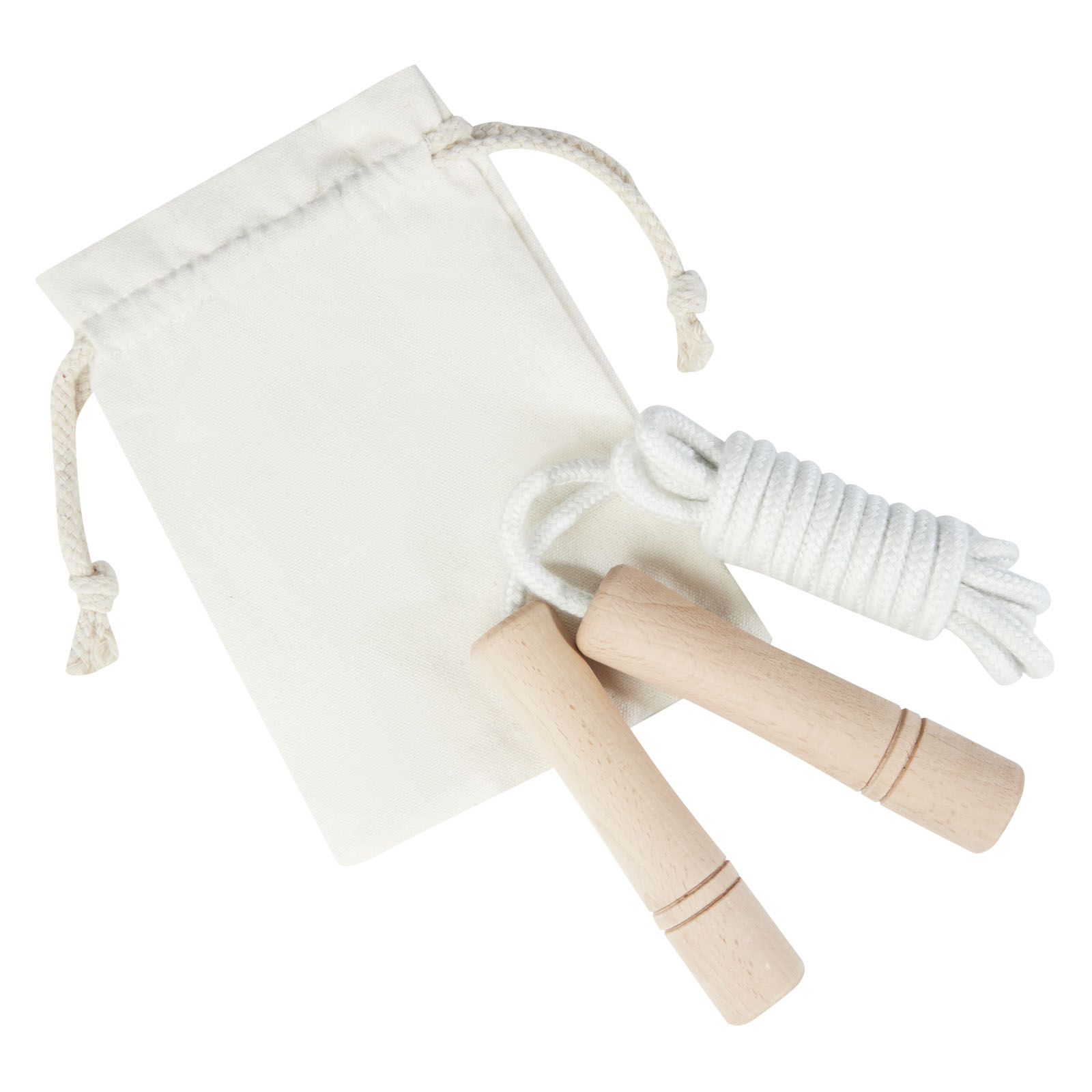 Cuerda de saltar de madera en bolsa de algodón Denise