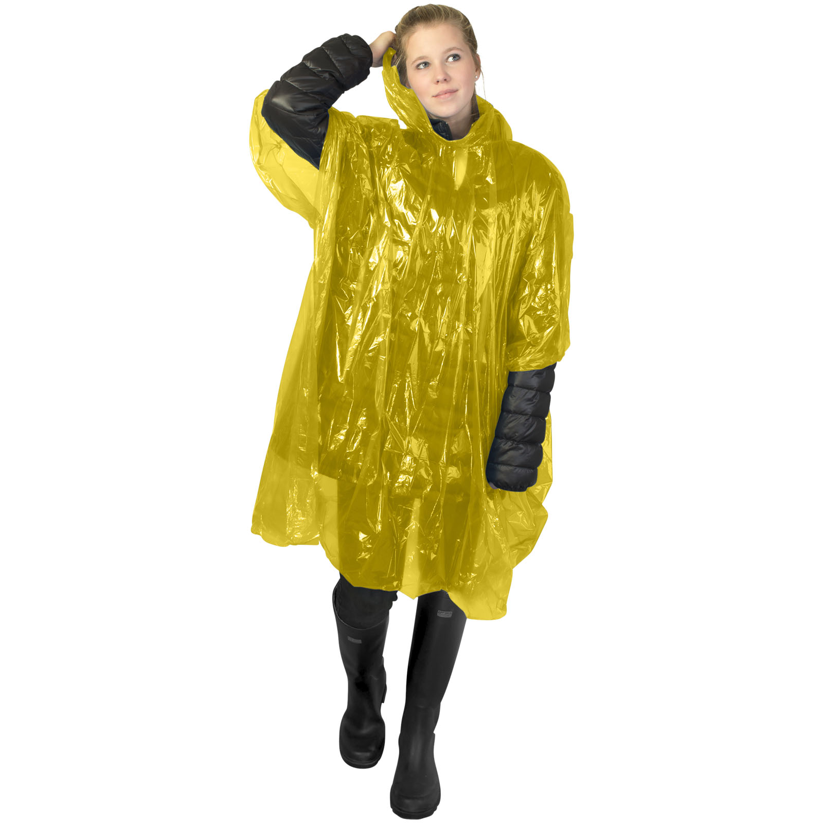 Poncho de lluvia desechable de material reciclado con bolsa de almacenamiento Mayan