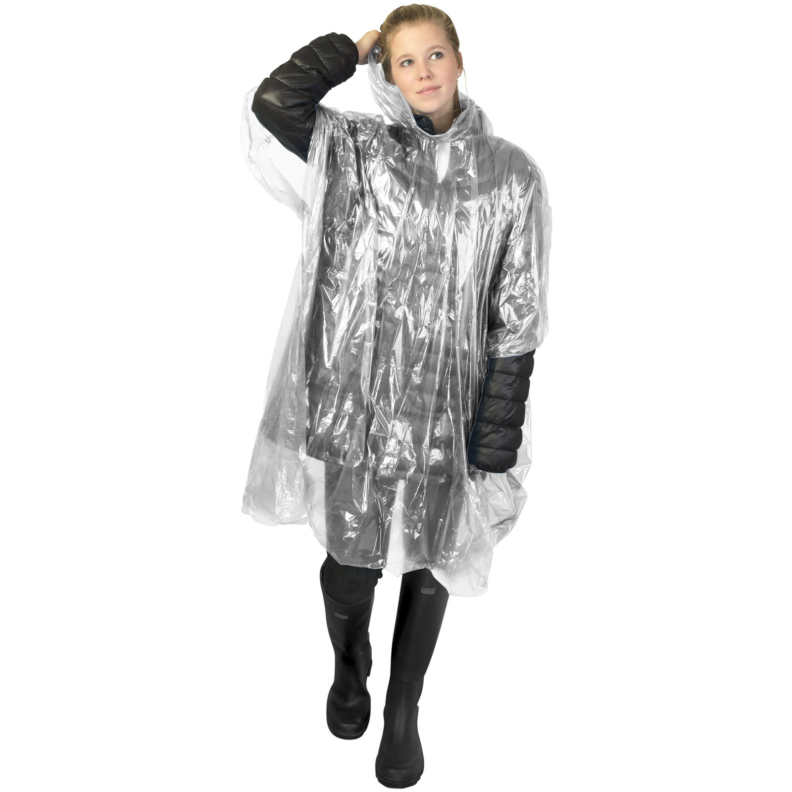 Poncho de lluvia desechable de material reciclado con bolsa de almacenamiento Mayan