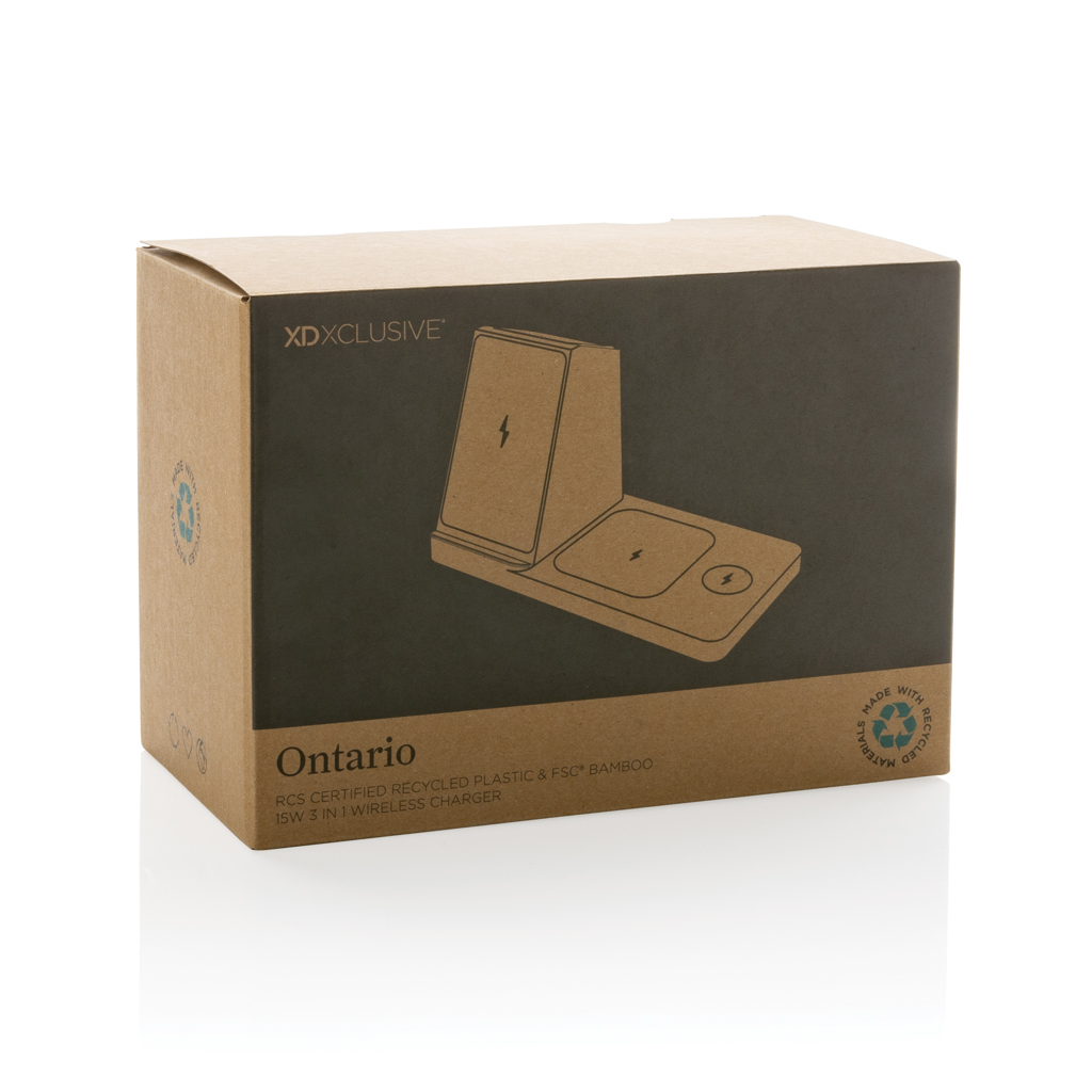 Cargador Ontario RCS plástico reciclado/bambú 15W 3 en 1