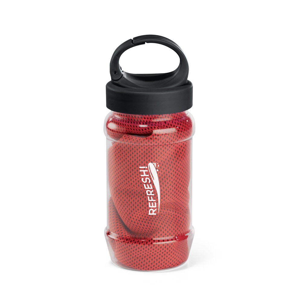 ARTX PLUS. Conjunto que incluye una botella hecha en PP y PET y una toalla refrescante deportiva de poliamida y poliéster