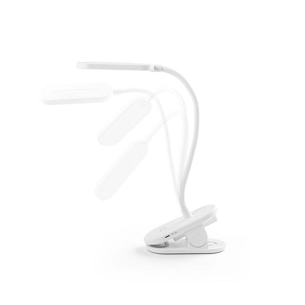 NESBIT II. Lámpara de escritorio portátil con clip y 30h de autonomía, fabricados al 65% rABS