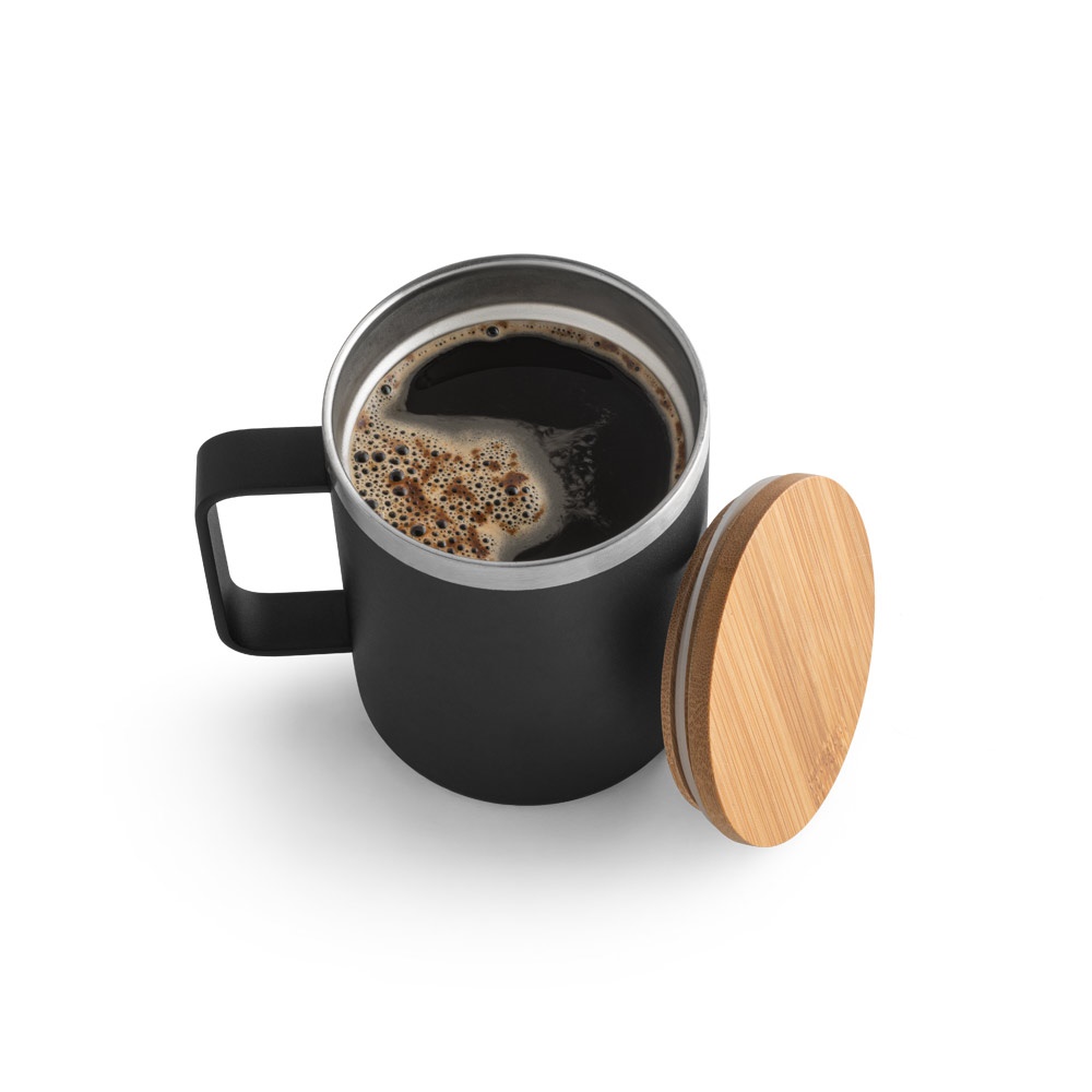 LAUDA. Taza de acero inoxidable 90% reciclado con tapa de bambú 420 mL