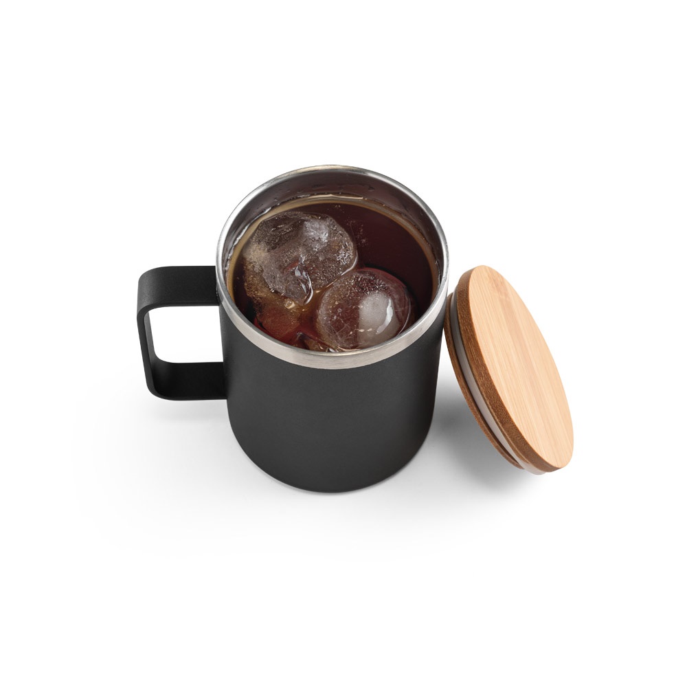 LAUDA. Taza de acero inoxidable 90% reciclado con tapa de bambú 420 mL