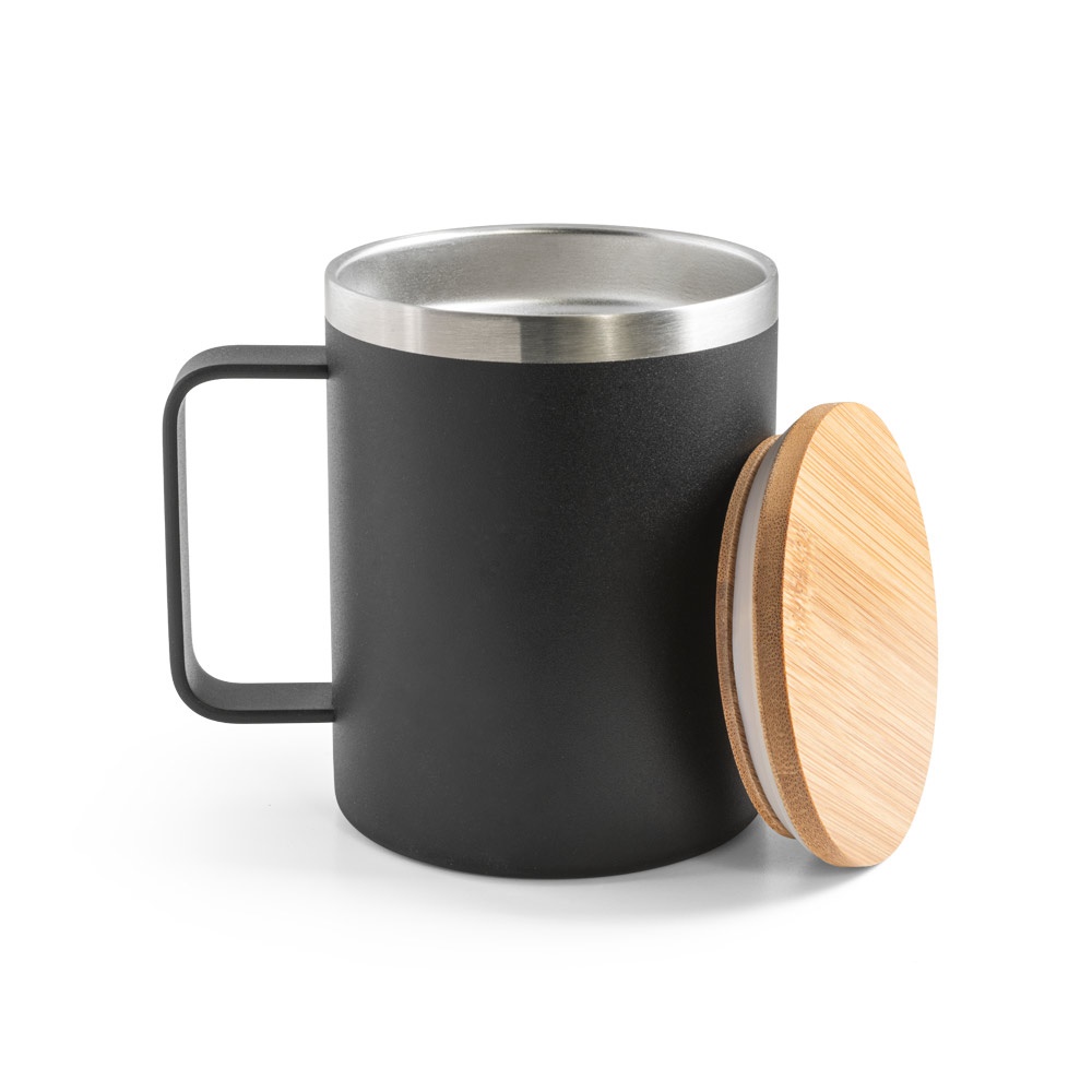 LAUDA. Taza de acero inoxidable 90% reciclado con tapa de bambú 420 mL