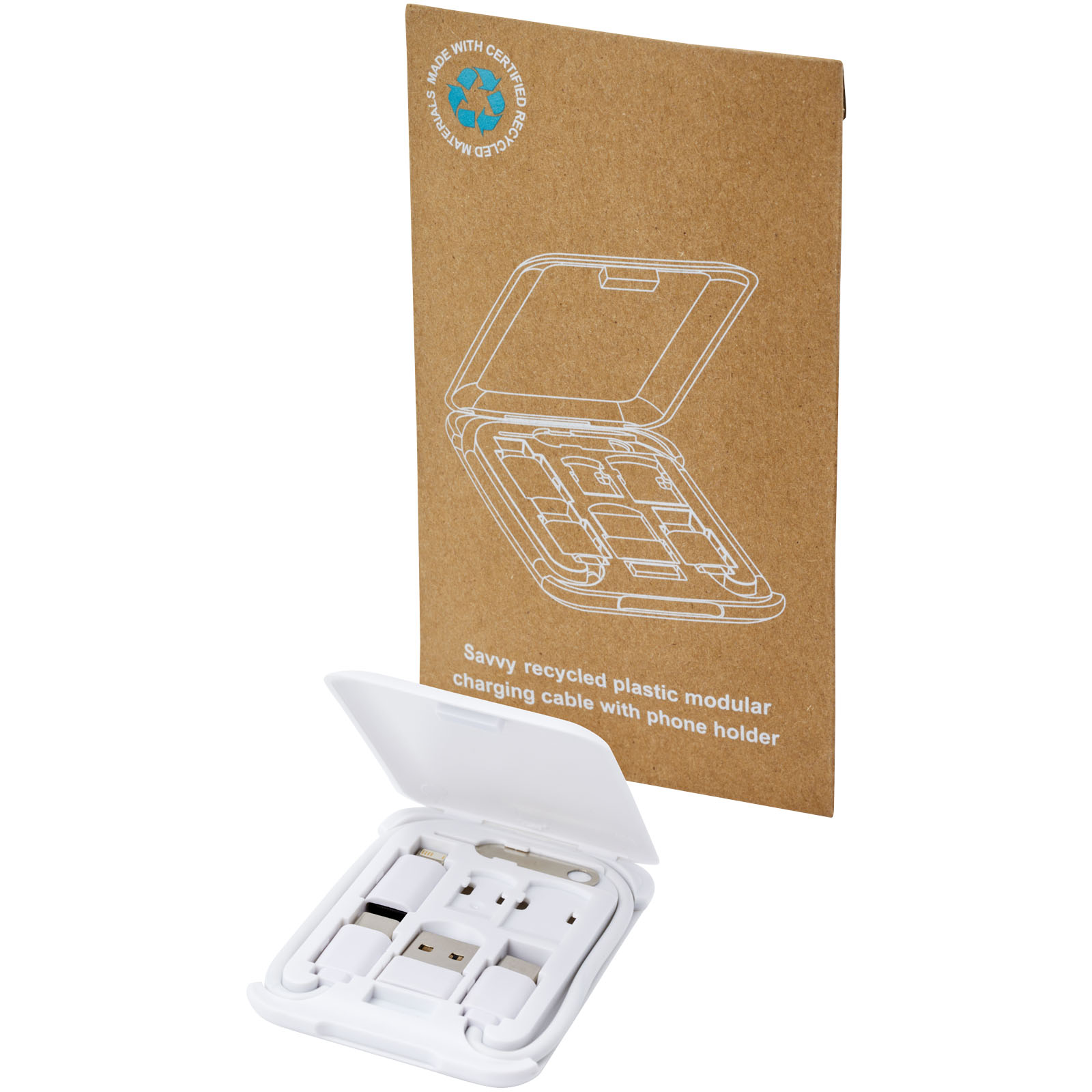 Cable de carga modular de plástico reciclado con soporte para teléfono Savvy