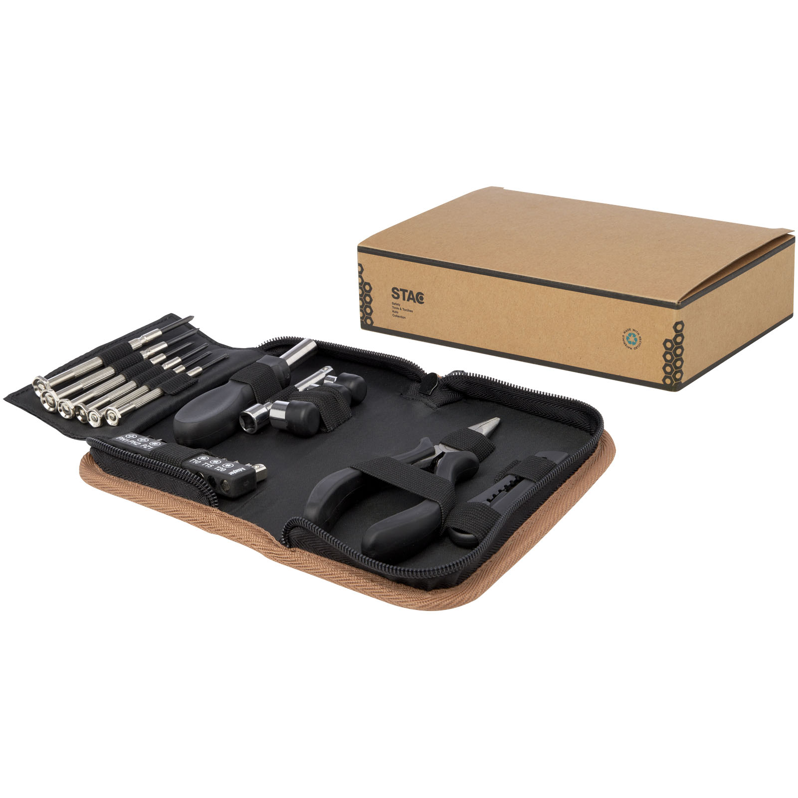 Set de herramientas de plástico reciclado con certificación RCS de 24 piezas con funda de corcho Spike
